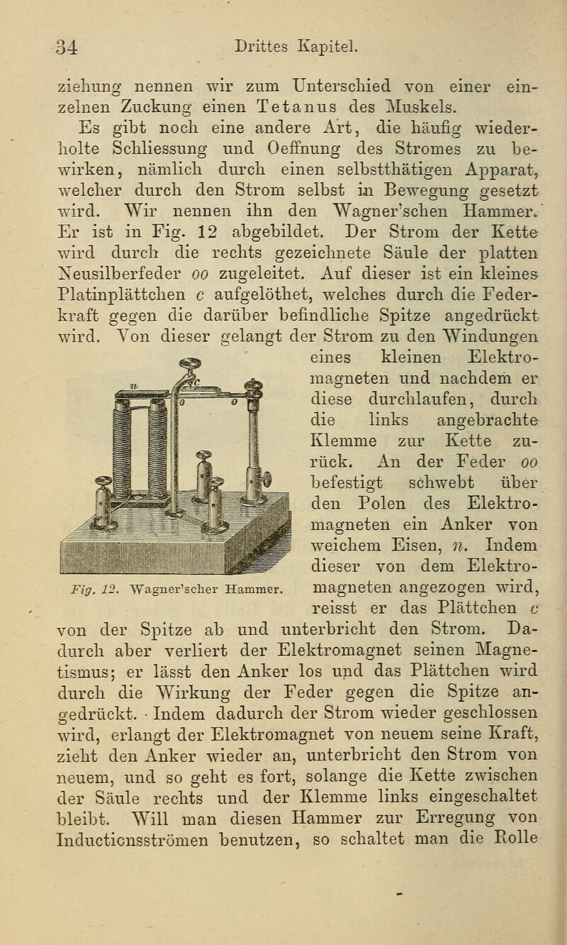 ziehung nennen wir zum Unterschied von einer ein- zelnen Zuckung einen Tetanus des Muskels. Es gibt noch eine andere Art, die häufig wieder- holte Schliessung und Oeffhung des Stromes zu be- wirken, nämlich durch einen selbstthätigen Apparat, welcher durch den Strom selbst in Bewegung gesetzt wird. Wir nennen ihn den Wagner'schen Hammer/ Er ist in Fig. 12 abgebildet. Der Strom der Kette wird durch die rechts gezeichnete Säule der platten Neusilberfeder oo zugeleitet. Auf dieser ist ein kleines Platinplättchen c aufgelöthet, welches durch die Feder- kraft gegen die darüber befindliche Spitze angedrückt wird. Von dieser gelangt der Strom zu den Windungen eines kleinen Elektro- magneten und nachdem er diese durchlaufen, durch die links angebrachte Klemme zur Kette zu- rück. An der Feder oo befestigt schwebt über den Polen des Elektro- magneten ein Anker von weichem Eisen, n. Indem dieser von dem Elektro- magneten angezogen wird, reisst er das Plättchen c von der Spitze ab und unterbricht den Strom. Da- durch aber verliert der Elektromagnet seinen Magne- tismus; er lässt den Anker los und das Plättchen wird durch die Wirkung der Feder gegen die Spitze an- gedrückt. • Indem dadurch der Strom wieder geschlossen wird, erlangt der Elektromagnet von neuem seine Kraft, zieht den Anker wieder an, unterbricht den Strom von neuem, und so geht es fort, solange die Kette zwischen der Säule rechts und der Klemme links eingeschaltet bleibt. Will man diesen Hammer zur Erregung von Inducticnsströmen benutzen, so schaltet man die Rolle Fig. 12. Wagner'scher Hammer.