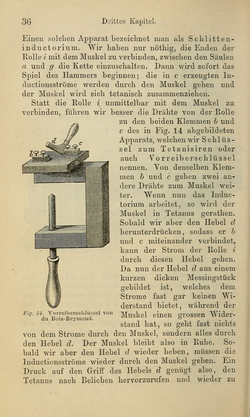 -1 Einen solchen Apparat bezeichnet man als Sehlitten- inductorium. Wir haben nur nöthig, die Enden der Rolle i mit dem Muskel zu verbinden, zwischen den Säulen a und g die Kette einzuschalten. Dann wird sofort das Spiel des Hammers beginnen; die in c erzeugten In- ductionsströme werden durch den Muskel gehen und der Muskel wird sich tetanisch zusammenziehen. Statt die Rolle i. unmittelbar mit dem Muskel zu verbinden, führen wir besser die Drähte von der Rolle zu den beiden Klemmen b und c des in Fig. 14 abgebildeten Apparats, welchen wir Schlüs- sel zum Tetanisiren oder auch Vorreiberschlüssel nennen. Von denselben Klem- men b und c gehen zwei an- dere Drähte zum Muskel wei- ter. Wenn nun das Induc- torium arbeitet, so wird der Muskel in Tetanus gerathen. Sobald wir aber den Hebel d herunterdrücken, sodass er b und c miteinander verbindet, kann der Strom der Rolle i durch diesen Hebel gehen. Da nun der Hebel d aus einem kurzen dicken Messingstück gebildet ist, welches dem Strome fast gar keinen Wi- derstand bietet, während der Fig. 14. Vorreibersclilüssel von du Bois-Reyniond. Muskel einen grossen Wider- stand hat, so geht fast nichts von dem Strome durch den Muskel, sondern alles durch den Hebel d. Der Muskel bleibt also in Ruhe. So- bald wir aber den Hebel d wieder heben, müssen die Inductionsströme wieder durch den Muskel gehen. Ein Druck auf den Griff des Hebels d genügt also, den Tetanus nach Belieben hervorzurufen und wieder zu
