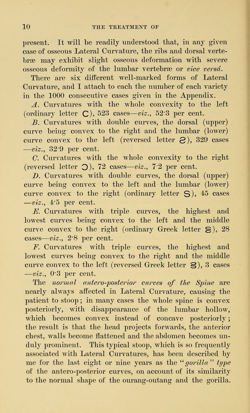 present. It will be readily understood that, in any given case of osseous Lateral Curvature, the ribs and dorsal verte- brae may exhibit slight osseous deformation with severe osseous deformity of the lumbar vertebrae or vice versa. There are six different well-marked forms of Lateral Curvature, and I attach to each the number of each variety in the 1000 consecutive cases given in the Appendix. A. Curvatures with the whole convexity to the left (ordinary letter C)> 523 cases—viz., 523 per cent. B. Curvatures with double curves, the dorsal (upper) curve being convex to the right and the lumbar (loAver) curve convex to the left (reversed letter 3)» 329 cases —viz., 32 9 per cent. C. Curvatures with the whole convexity to the right (reversed letter Q), 72 cases—viz., 72 per cent. D. Curvatures with double curves, the dorsal (upper) curve being convex to the left and the lumbar (lower) curve convex to the right (ordinary letter S)> 45 cases —viz., 4*5 per cent. JE. Curvatures with triple curves, the highest and lowest curves being convex to the left and the middle curve convex to the right (ordinary Greek letter g), 28 cases—viz., 2*8 per cent. F. Curvatures with triple curves, the highest and lowest curves being convex to the right and the middle curve convex to the left (reversed Greek letter §), 3 cases —viz., 0*3 per cent. The normal anteroposterior curves of the Spine are nearly always affected in Lateral Curvature, causing the patient to stoop; in many cases the whole spine is convex posteriorly, with disappearance of the lumbar hollow, which becomes convex instead of concave posteriorly; the result is that the head projects forwards, the anterior chest, walls become flattened and the abdomen becomes un- duly prominent. This typical stoop, which is so frequently associated with Lateral Curvatures, has been described by me for the last eight or nine years as the gorilla type of the antero-posterior curves, on account of its similarity to the normal shape of the ourang-outang and the gorilla.