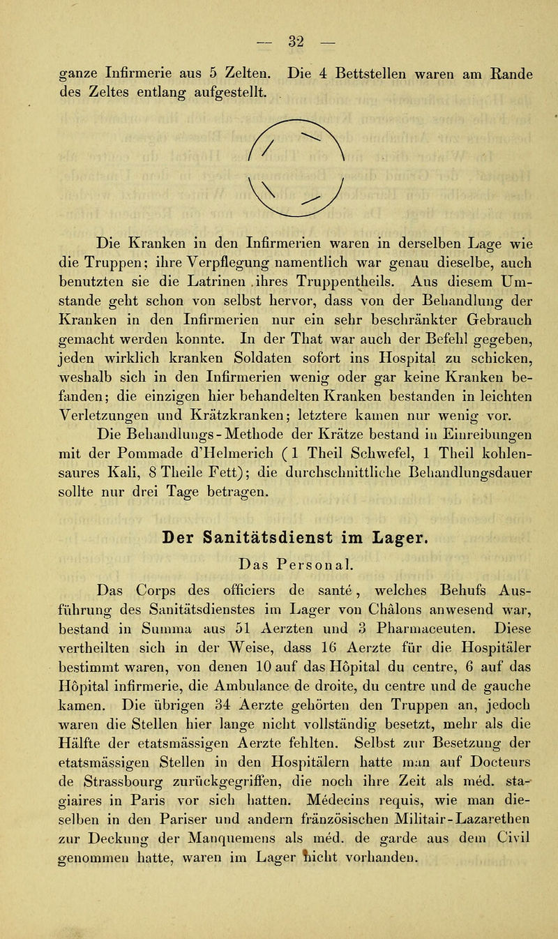 ganze Infirmerie aus 5 Zelten. Die 4 Bettstellen waren am Rande des Zeltes entlang aufgestellt. Die Kranken in den Infirmerien waren in derselben Lage wie die Truppen; ihre Verpflegung namentlich war genau dieselbe, auch benutzten sie die Latrinen .ihres Truppentheils. Aus diesem Um- stände geht schon von selbst hervor, dass von der Behandlung der Kranken in den Infirmerien nur ein sehr beschränkter Gebrauch gemacht werden konnte. In der That war auch der Befehl gegeben, jeden wirklich kranken Soldaten sofort ins Hospital zu schicken, weshalb sich in den Infirmerien wenig oder gar keine Kranken be- fanden; die einzigen hier behandelten Kranken bestanden in leichten Verletzungen und Krätzkranken; letztere kamen nur wenig vor. Die Behandlungs-Methode der Krätze bestand in Einreibungen mit der Pommade d'Helmerich (1 Theil Schwefel, 1 Theil kohlen- saures Kali, 8 Theile Fett); die durchschnittliche Behandlungsdauer sollte nur drei Tage betragen. Der Sanitätsdienst im Lager. Das Personal. Das Corps des officiers de sante, welches Behufs Aus- führung des Sanitätsdienstes im Lager von Chälons anwesend war, bestand in Summa aus 51 Aerzten und 3 Pharmaceuten. Diese vertheilten sich in der Weise, dass 16 Aerzte für die Hospitäler bestimmt waren, von denen 10 auf das Höpital du centre, 6 auf das Höpital infirmerie, die Ambulance de droite, du centre und de gauche kamen. Die übrigen 34 Aerzte gehörten den Truppen an, jedoch waren die Stellen hier lange nicht vollständig besetzt, mehr als die Hälfte der etatsmässigen Aerzte fehlten. Selbst zur Besetzung der etatsmässigen Stellen in den Hospitälern hatte man auf Docteurs de Strassbourg zurückgegriffen, die noch ihre Zeit als med. sta- giaires in Paris vor sich hatten. Medecins requis, wie man die- selben in den Pariser und andern französischen Militair-Lazarethen zur Deckung der Manquemens als med. de garde aus dem Civil genommen hatte, waren im Lager *hicht vorhanden.