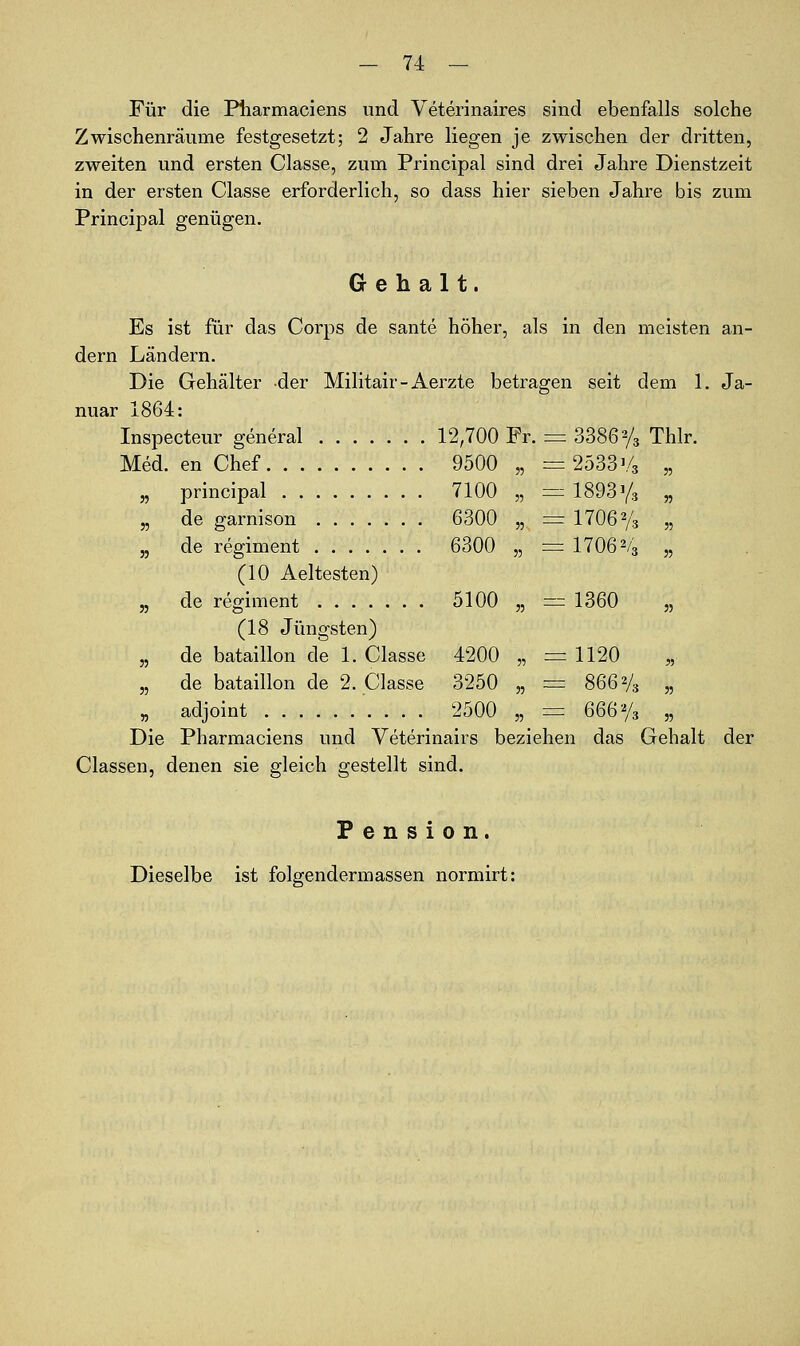 - 74: — Für die Pliarmaciens und Veterinaires sind ebenfalls solche Zwischenräume festgesetzt; 2 Jahre liegen je zwischen der dritten, zweiten und ersten Classe, zum Principal sind drei Jahre Dienstzeit in der ersten Classe erforderlich, so dass hier sieben Jahre bis zum Principal genügen. Gehalt. Es ist für das Corps de sante höher, als in den meisten an- dern Ländern. Die Gellälter der Militair - Aerzte betragen seit dem 1. Ja- nuar 1864: Inspecteur general 12,700 Fr. =: 3386% Thlr. Med. en Chef 9500 „ = 2533V3 „ „ principal 7100 „ =z 1893 y, „ „ de garnison . 6300 „ = 1706% „ „ de regiment 6300 „ = 1706% „ (10 Aeltesten) ,5 de regiment 5100 „ =:: 1360 „ (18 Jüngsten) „ de bataillon de 1. Classe 4200 „ = 1120 „ 5, de bataillon de 2. Classe 3250 „ = 866% „ „ adjoint 2500 „ = 666 Ys „ Die Pharmaciens und Veterinairs beziehen das Gehalt der Classen, denen sie gleich gestellt sind. Pension. Dieselbe ist folgendermassen normirt: