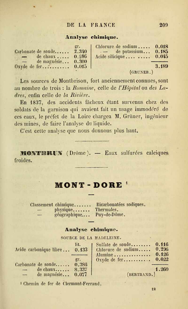 AnaSyse chimique. Carljonale de soude 2.340 — de chaux 0.286 — de magnésie... 0.300 Oxyde de fer..; 0.015 Chlorure de sodium 0.018 — de potassium... 0.185 Acide silicique 0.045 3.189 (GRUXER.) Les sources de Monlbrison, fort anciennement connues, sont au nombre de trois : la Romaine^ celle de l'Hôpital o\\ des La- dres, enfin celle de la Rivière. En 1837, des accidents fâcheux étant survenus chez des soldats de la garnison qui avaient fait un usage immodéré de ces eaux, le préfet de la Loire chargea M. Grimer, ingénieur des mines, de faire l'analyse du liquide. C'est celte analyse que nous donnons plus haut. froides. (Drôme). — Eaux sulfurées calciques MONT-DORE * Classement chimique Bicarbonatées sodigues. — physique Thermales. — géographique Puy-de-Dôme. Analyse chimique. SOURCE DE LA MADELEINE. Acide carbonique libre. lit. 0.133 gf- Carbonate de soude 0.386 — de chaux 8.337 — de magnésie... 0.077 Sulfate de soude Chlorure de sodium, Alumine • Oxyde de fer (BERTRAND. Chemin de fer de Clermont-Ferrand. O.llG 0.290 0.126 0.022 1.260 18