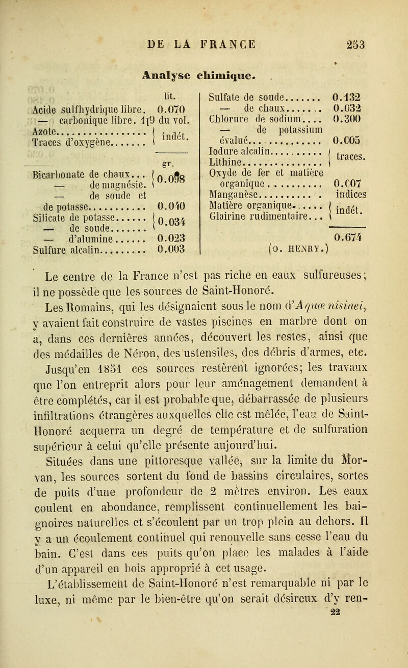 Analyse chimique. lit. Acide suif hydrique libre. 0.070 — carbonique libre. 1i9 du vol. Azote Traces d'oxygène indét. Bicarbonate de chaux... (^ ^»q - de magnésie, l'^^ — de soude et de potasse Silicate de potasse... — de soude — d'alumine 0.023 Sulfure alcalin 0.003 0.0^^0 0.034 Sulfate de soude 0.132 — de chaux ,. 0,032 Chlorure de sodium 0.300 — de potassium évalué... 0.C05 lodure alcalin .. Lithine Oxyde de fer et matière organique 0.C07 Manganèse indices Matière organique. I . -,^. Glairine rudimentaire.., i traces. (O. HENRY.) 0.674 Le centre de la France n'est pas riche en eaux sulfureuses; il ne possède que les sources de Saint-Honoré. Les Romains, qui les désignaient sous le nom d'Aquœ nisinei, y avaient fait construire de vastes piscines en marbre dont on a, dans ces dernières années, découvert les restes, ainsi que des médailles de Néron, des ustensiles, des débris d'armes, ete* Jusqu'en 1851 ces sources restèrent ignorées; les travaux que l'on entreprit alors pour leur aménagement demandent à être complétés, car il est probable que, débaî-rassée de plusieurs infiltrations étrangères auxquelles elle est mêlée, l'eau de Saint- Honoré acquerra un degré de température et de sulfuration supérieur à celui qu'elle présente aujourd'hui. Situées dans une pittoresque vallée^ sur la limite du Mor- van, les sources sortent du fond de bassins circulaires, sortes de puits d'une profondeur de 2 mètres environ. Les eaux coulent en abondance, remplissent continuellement les bai- gnoires naturelles et s'écoulent par un trop plein au dehors. Il y a un écoulement continuel qui renouvelle sans cesse l'eau du bain. C'est dans ces puits qu'on place les malades à l'aide d'un appareil en bois approprié à cet usage. L'établissement de Saint-Honoré n'est remarquable ni par le luxe, ni même par le bien-être qu'on serait désireux d'y ren- '22