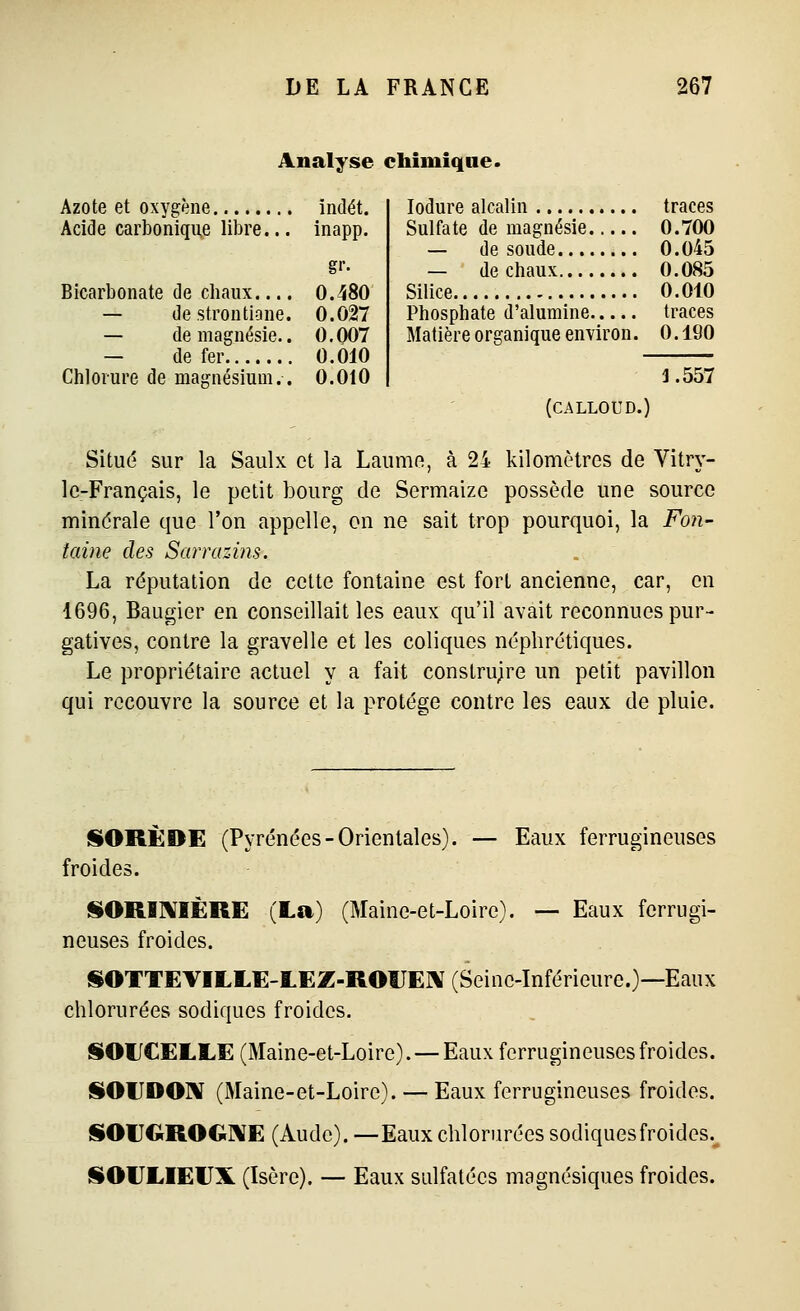 Analyse chimique. Azote et oxygène indét. Acide carbonique libre... inapp. Bicarbonate de cbaux.... 0.480 — de strontlane. 0.027 — de magnésie.. 0.007 — de fer 0.010 Chlorure de magnésium.. O.OtO lodure alcalin traces Sulfate de magnésie 0.700 — de soude 0.045 — de chaux 0.085 Silice 0.010 Phosphate d'alumine traces Matière organique environ. 0.190 3.557 (CALLOUD.) Situé sur la Saulx et la Laumo, à 24 kilomètres de Vitry- le-Français, le petit bourg de Sermaize possède une source minérale que l'on appelle, on ne sait trop pourquoi, la Fon- taine des Sarrazins. La réputation de cette fontaine est fort ancienne, car, en 1696, Baugier en conseillait les eaux qu'il avait reconnues pur- gatives, contre la gravelle et les coliques néphrétiques. Le propriétaire actuel y a fait construire un petit pavillon qui recouvre la source et la protège contre les eaux de pluie. SIORÈBE (Pyrénées-Orientales). — Eaux ferrugineuses froides. §>ORl]\IÈRE (La) (Maine-et-Loire). — Eaux ferrugi- neuses froides. SOTTEVILLE-lEZ-IlOUEI\ (Seine-Inférieure.)—Eaux chlorurées sodiques froides. SIOUCELLE (Maine-et-Loire). — Eaux ferrugineuses froides. SiOUDOX (Maine-et-Loire). — Eaux ferrugineuses froides. li»OlIGROG]\E (Aude). —Eaux chlorurées sodiquesfroides. SOULIEUX (Isère). — Eaux sulfatées magnésiques froides.