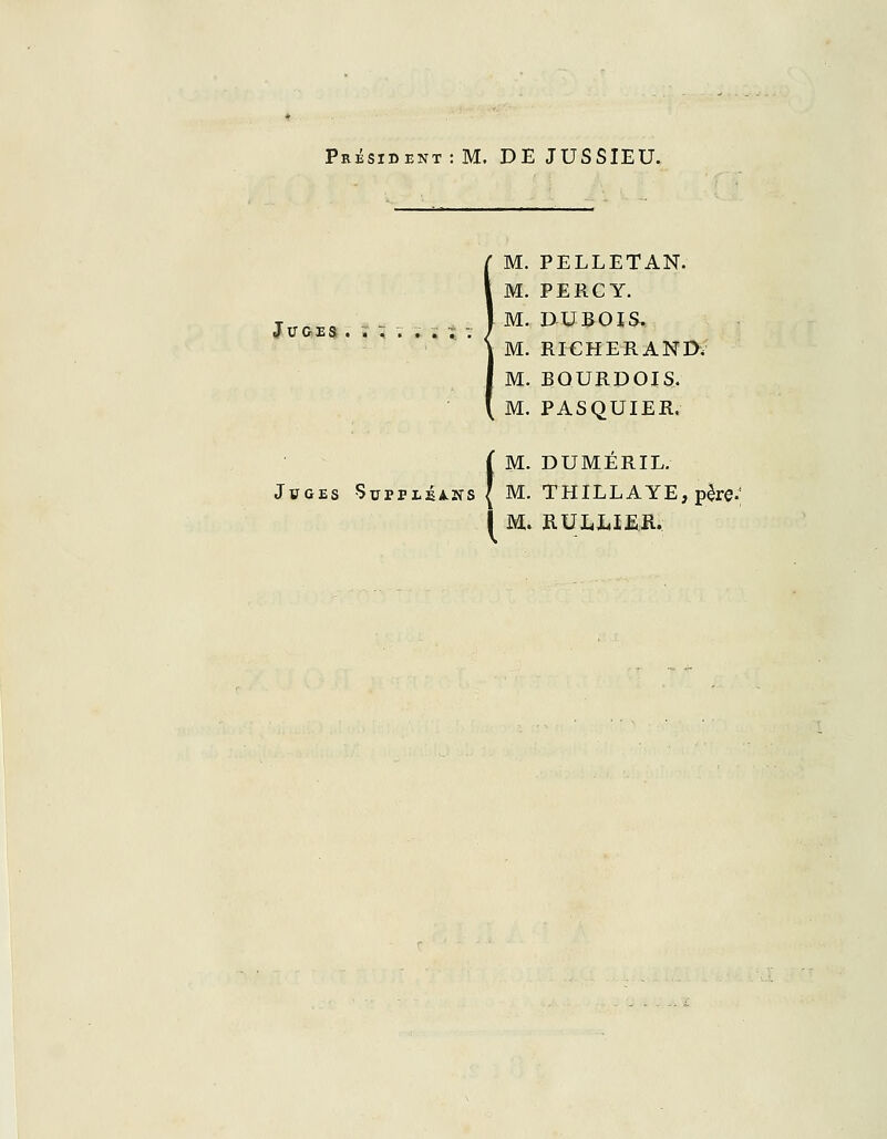 Juges M. PELLETAN. M. PERCY. M. DUBOIS. M. RICHERAND, M. BQURDOIS. M. PASQUIER. (M. DUMERIL. M. THILLAYE,père. M. RUL.UER.