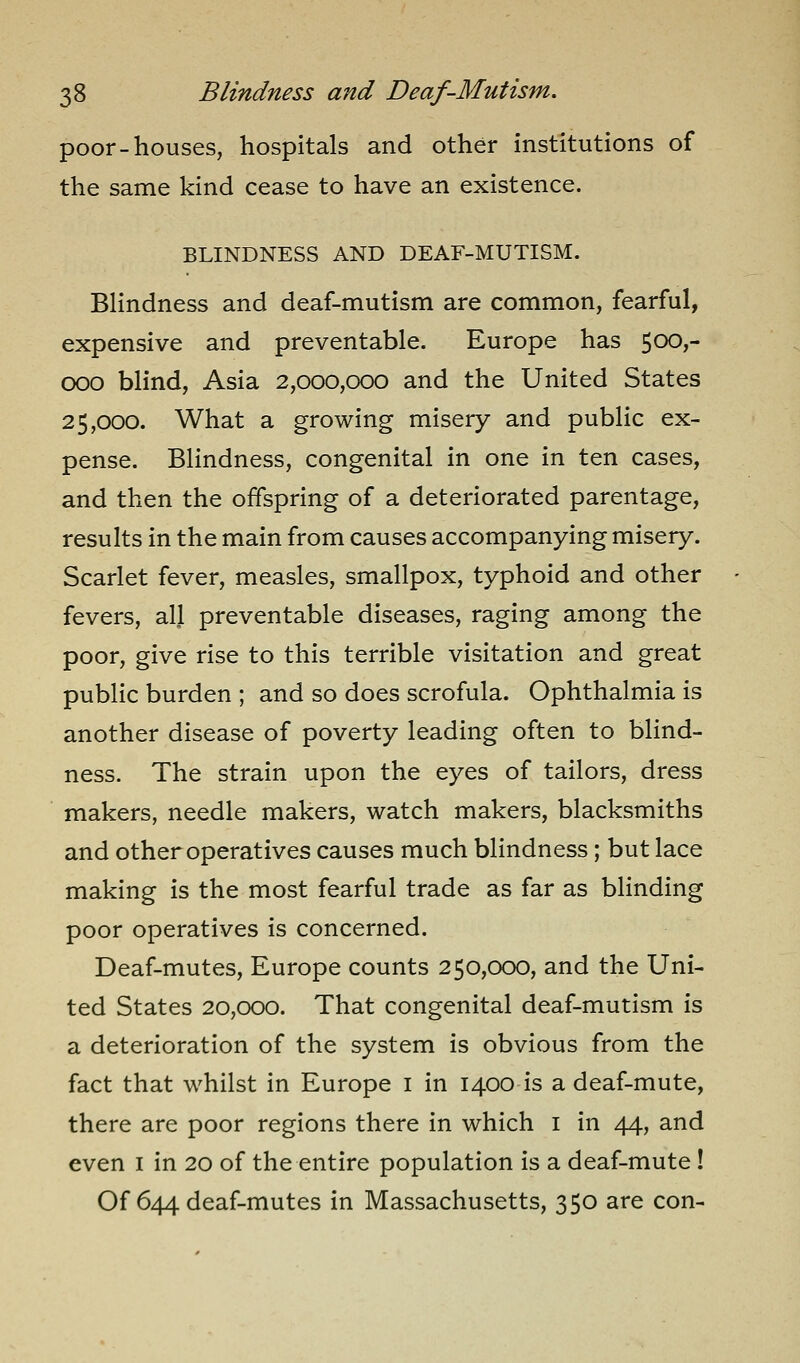 poor-houses, hospitals and other institutions of the same kind cease to have an existence. BLINDNESS AND DEAF-MUTISM. Blindness and deaf-mutism are common, fearful, expensive and preventable. Europe has 500,- 000 blind, Asia 2,000,000 and the United States 25,000. What a growing misery and public ex- pense. Blindness, congenital in one in ten cases, and then the offspring of a deteriorated parentage, results in the main from causes accompanying misery. Scarlet fever, measles, smallpox, typhoid and other fevers, alj preventable diseases, raging among the poor, give rise to this terrible visitation and great public burden ; and so does scrofula. Ophthalmia is another disease of poverty leading often to blind- ness. The strain upon the eyes of tailors, dress makers, needle makers, watch makers, blacksmiths and other operatives causes much blindness; but lace making is the most fearful trade as far as blinding poor operatives is concerned. Deaf-mutes, Europe counts 250,000, and the Uni- ted States 20,000. That congenital deaf-mutism is a deterioration of the system is obvious from the fact that whilst in Europe i in 1400 is a deaf-mute, there are poor regions there in which i in 44, and even i in 20 of the entire population is a deaf-mute! Of 644 deaf-mutes in Massachusetts, 350 are con-