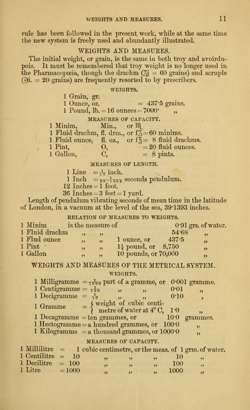rule has been followed in the present work, while at the same time the new system is freely used and abundantly illustrated. WEIGHTS AND MEASURES. The initial weight, or grain, is the same in both troy and avoirdu- pois. It must be remembered that troy weight is no longer used in the Pharmacopoeia, though the drachm (3j = 60 grains) and scruple Oi. == 20 grains) are frequently resorted to by prescribers. WEIGHTS. 1 Grain, gr. 1 Ounce, oz. = 437*5 grains. 1 Pound, lb. = ] 6 ounces - 70(X)' „ MEASURES OF CAPACITY. 1 Minim, Min., or 1T\^ 1 Fluid drachm, fl. drm., or f;^ = 60 minims. 1 Fluid ounce, fl. oz., or i^= S fluid drachms. 1 Pint, 0, = 20 fluid ounces. 1 Gallon, C, =8 pints. MEASURES OF LENGTH. 1 Line = ^V inch. 1 Inch := s-u-ii^^s seconds pendulum. 12 Inches = 1 foot. 36 Inches = 3 feet = I yard. Length of pendulum vibrating seconds of mean time in the latitude of London, in a vacuum at the level of the sea, 39*1393 inches. RELATION OF MEASURES TO WEIGHTS. 1 Minim is the measure of 0'91 grs. of water. 1 Fluid drachm „ ,, 54*68 „ 1 Find ounce „ „ 1 ounce, or 437*5 „ 1 Pint „ „ li pound, or 8,750 „ 1 Gallon „ „ 10 pounds, or 70,000 „ WEIGHTS AND MEASURES OF THE METRICAL SYSTEM. WEIGHTS. 1 Milligramme =Tinnrpart of a gramme, or 0*001 gramme. 1 Centigramme = t^d- „ „ 0*01 „ 1 Decigramme = tV „ „ 0*10 , 1 Gramme ^ Weight of cuLic centi- ( metre 01 water at 4 C, 1*0 „ 1 Decagramme = ten grammes, or 10*0 grammes. 1 Hectogramme = a hundred grammes, or 100*0 ,. 1 Kilogramme = a thousand grammes, or 1000*0 „ MEASURES OF CAPACITY. 1 Millilitre = 1 cubic centimetre, or the meas. of 1 gnn. of water, 1 Centilitre = 10 „ „ „ 10 „ 1 Decilitre := 100 „ „ „ 100 „ 1 Litre = 1000 „ „ „ 1000
