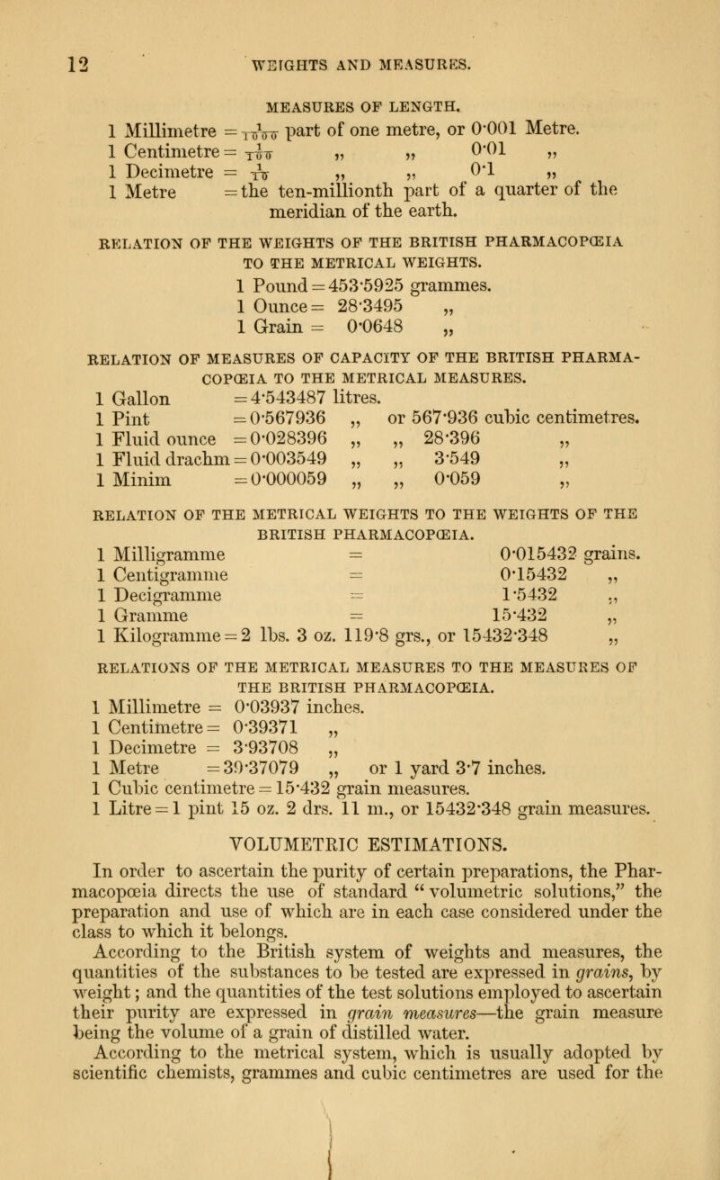 MEASURES OF LENGTH. 1 Millimetre = -i--^^^ part of one metre, or 0*001 Metre. 1 Centimetre = t^tt „ „ 0*^1 v 1 Decimetre = tV ?» v ^'^ >» 1 Metre =tlie ten-millionth part of a quarter of the meridian of the earth. RELATION OF THE WEIGHTS OF THE BRITISH PHARMACOPCEIA TO THE METRICAL WEIGHTS. 1 Pound = 453*5925 grammes. 1 Ounces 28-3495 „ 1 Grain = 0*0648 „ RELATION OF MEASURES OF CAPACITY OF THE BRITISH PHARMA- COPOEIA TO THE METRICAL MEASURES. 1 Gallon =4*543487 litres. 1 Pint =0*567936 „ or 567*936 cubic centimetres. 1 Fluid ounce =0*028396 „ „ 28*396 „ 1 Fluid drachm = 0*003549 „ „ 3*549 „ 1 Minim =0*000059 „ „ 0*059 „ RELATION OF THE METRICAL WEIGHTS TO THE WEIGHTS OF THE BRITISH PHARMACOPCEIA. 1 Milligramme = 0*015432 grains. 1 Centigramme — 0*15432 „ 1 Decigramme -- 1*5432 ., 1 Gramme - 15*432 „ 1 Kilogramme = 2 lbs. 3 oz. 119*8 grs., or 15432*348 „ RELATIONS OF THE METRICAL MEASURES TO THE MEASURES OF THE BRITISH PHARMACOPOEIA. 1 Millimetre = 0*03937 inches. 1 Centimetre = 0*39371 „ 1 Decimetre = 3*93708 „ 1 Metre =39*37079 „ or 1 yard 3*7 inches. 1 Cubic centimetre = 15*432 grain measures. 1 Litre = 1 pint 15 oz. 2 drs. 11 m., or 15432*348 grain measures. VOLUMETRIC ESTIMATIONS. In order to ascertain the purity of certain preparations, the Phar- macopoeia directs the use of standard  volumetric solutions, the preparation and use of which are in each case considered under the class to which it belongs. According to the British system of weights and measures, the quantities of the substances to be tested are expressed in grains, by weight; and the quantities of the test solutions employed to ascertain their purity are expressed in grain measures—the grain measure being the volume of a grain of distilled water. According to the metrical system, which is usually adopted by scientific chemists, grammes and cubic centimetres are used for the