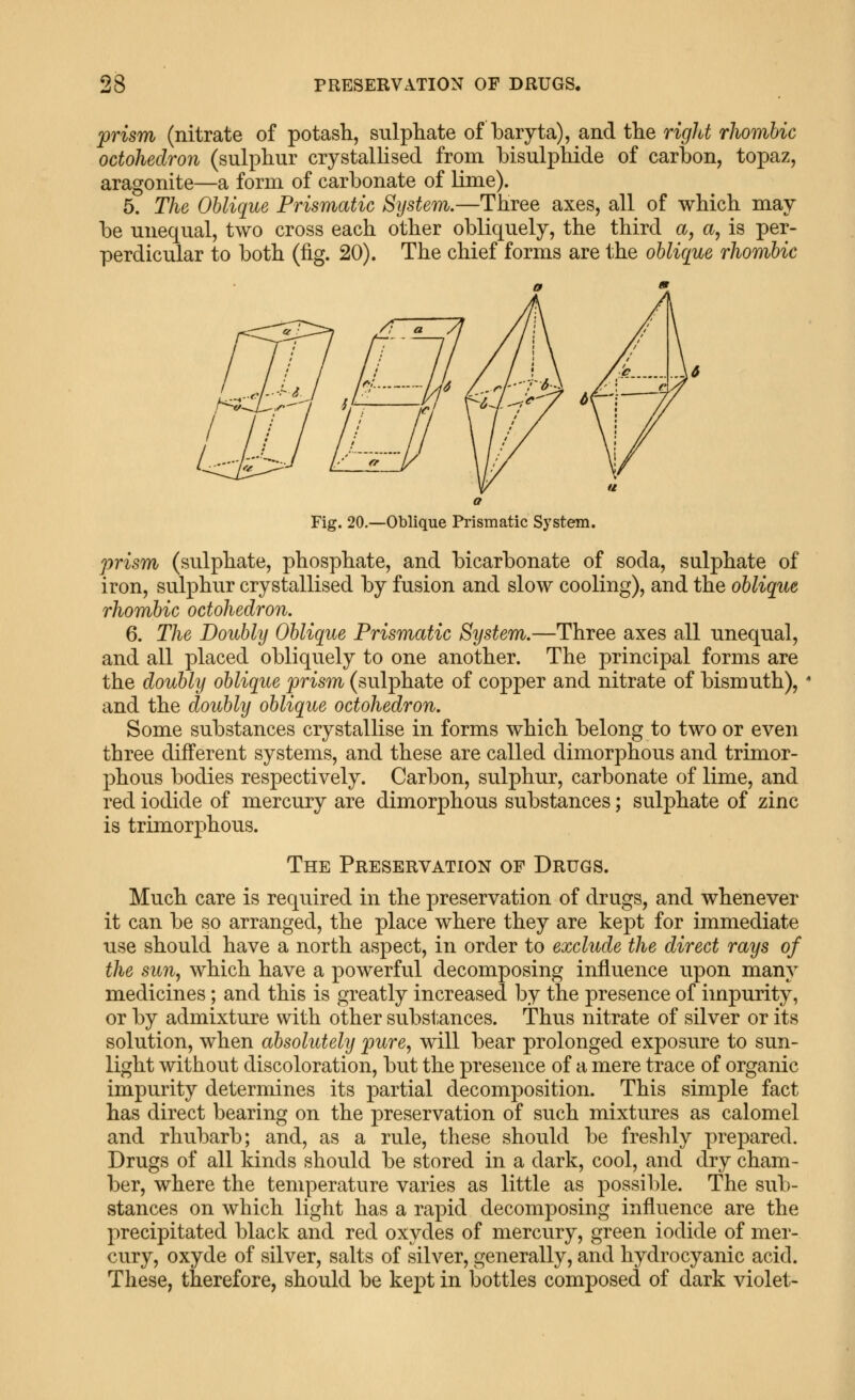 prism (nitrate of potash, sulphate of baryta), and the right rhomhic octohedron (sulphur crystallised from bisulphide of carbon, topaz, aragonite—a form of carbonate of lime). 5. The Oblique Prismatic System.—Three axes, all of which may be unequal, two cross each other obliquely, the third a, a, is per- perdicular to both (fig. 20). The chief forms are the oblique rhombic Fig. 20.—Oblique Prismatic System. prism (sulphate, phosphate, and bicarbonate of soda, sulphate of iron, sulphur crystallised by fusion and slow cooling), and the oblique rhombic octohedron, 6. The Doubly Oblique Prismatic System,—Three axes all unequal, and all placed obliquely to one another. The principal forms are the doubly oblique prism (sulphate of copper and nitrate of bismuth), and the doubly oblique octohedron. Some substances crystallise in forms which belong to two or even three different systems, and these are called dimorphous and trimor- phous bodies respectively. Carbon, sulphur, carbonate of lime, and red iodide of mercury are dimorphous substances; sulphate of zinc is trimorphous. The Preservation of Drugs. Much care is required in the preservation of drugs, and whenever it can be so arranged, the place where they are kept for immediate use should have a north aspect, in order to exclude the direct rays of the sun, which have a powerful decomposing influence upon many medicines; and this is greatly increased by the presence of impurity, or by admixture with other subst,ances. Thus nitrate of silver or its solution, when absolutely pure, will bear prolonged exposure to sun- light without discoloration, but the presence of a mere trace of organic impurity deterndnes its partial decomposition. This simple fact has direct bearing on the preservation of such mixtures as calomel and rhubarb; and, as a rule, these should be freshly prepared. Drugs of all kinds should be stored in a dark, cool, and dry cham- ber, where the temperature varies as little as possible. The sub- stances on which light has a rapid decomposing influence are the precipitated black and red oxydes of mercury, green iodide of mer- cury, oxyde of silver, salts of silver, generally, and hydrocyanic acid. These, therefore, should be kept in bottles composed of dark violet-