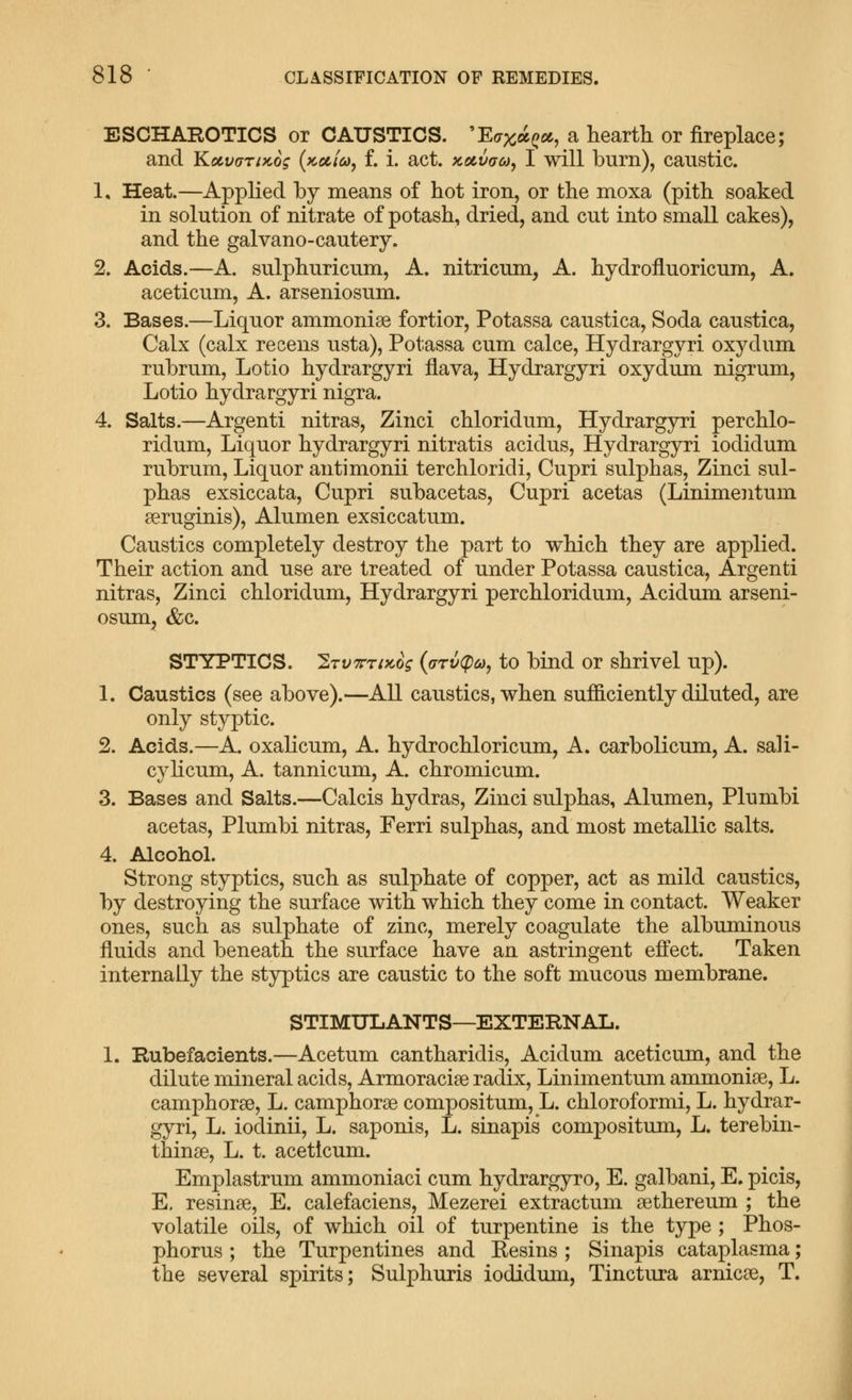 ESCHAROTICS or CAUSTICS. 'E(7;^a(>oft, a hearth or fireplace; and KocvarDcog {kocicj, f. i. act. zotvao), I will burn), caustic. 1. Heat.—Applied by means of hot iron, or the moxa (pith soaked in solution of nitrate of potash, dried, and cut into small cakes), and the galvano-cautery. 2. Acids.—A. sulphuricum, A. nitricum, A. hydrofluoricum, A. aceticum, A. arseniosum. 3. Bases.—Liquor ammonise fortior, Potassa caustica. Soda caustica, Calx (calx recens usta), Potassa cum calce, Hydrargyri oxydum rubrum, Lotio hydrargyri flava, Hydrargyri oxydum nigrum, Lotio hydrargyri nigra. 4. Salts.—Argenti nitras, Zinci chloridum, Hydrargyri perchlo- ridum, Liquor hydrargyri nitratis acidus, Hydrargyri iodidum rubrum, Liquor antimonii terchloridi, Cupri sulphas, Zinci sul- phas exsiccata, Cupri subacetas, Cupri acetas (Linimentum 8eruginis), Alumen exsiccatum. Caustics completely destroy the part to which they are applied. Their action and use are treated of under Potassa caustica, Argenti nitras, Zinci chloridum, Hydrargyri perchloridum, Acidum arseni- osum, &c. STYPTICS. 2TV7rrix,os {arv(pa, to bind or shrivel up). 1. Caustics (see above).—All caustics, when sufficiently diluted, are only styptic. 2. Acids.—A. oxalicum, A. hydrochloricum, A. carbolicum, A. sali- cylicum, A. tannicum, A. chromicum. 3. Bases and Salts.—Calcis hydras, Zinci sulphas, Alumen, Plumbi acetas, Plumbi nitras, Ferri sulphas, and most metallic salts. 4. Alcohol. Strong styptics, such as sulphate of copper, act as mild caustics, by destroying the surface with which they come in contact. Weaker ones, such as sulphate of zinc, merely coagulate the albuminous fluids and beneath the surface have an astringent effect. Taken internally the styptics are caustic to the soft mucous membrane. STIMULANTS—EXTERNAL. 1. Rubefacients.—Acetum cantharidis, Acidum aceticum, and the dilute mineral acids, Armoraciae radix, Linimentum ammonise, L. camphorse, L. camphorse compositum, L. chloroformi, L. hydrar- gyri, L. iodinii, L. saponis, L. sinapis compositum, L. terebin- thinse, L. t. aceticum. Emplastrum ammoniaci cum hydrargyro, E. galbani, E, picis, E. resinse, E. calefaciens, Mezerei extractum sethereum ; the volatile oils, of which oil of turpentine is the type ; Phos- phorus ; the Turpentines and Kesins ; Sinapis cataplasma; the several spirits; Sulphuris iodidum, Tinctura arnicae, T.