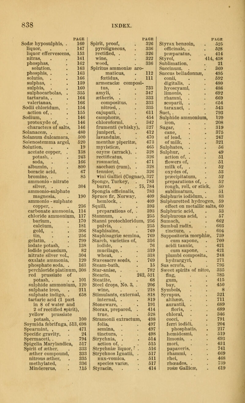 PAGE Sodse hyposulphis, . 160 liquor, . . 147 liquor effervescens, 153 nitras, . . 161 phosphas, . 162 solution, . 163 phosphis, . . 163 solutio, . . 166 sulphas, . . 159 sulphis, . . 160 sulphocarbolas, . 355 tartarata, . .164 valerianas, . 166 Sodii chloridum, . 154 action of, . . 155 Sodium, . . 146 protoxyde of, . 146 characters of salts, 146 Solanacege, . . 480 Solanum dulcamara, 500 Solenostemma argel, 520 Solution, . . 19 acetate copper, . 138 potash, . . 243 soda, . . 166 albumin, . . 800 boracic acid, . 67 bromine, . . 85 ammonio - nitrate silver, . . 304 ammonio-sulphate magnesia, . 190 ammonio - sulphate copper, . . 236 carbonate ammonia, 114 chloride ammonium, 117 barium, . 170 calcium, . 181 gold, . . 306 tin, . . 256 gelatin, . . 799 iodate potash, . 138 iodide potassium, 82 nitrate silver vol., 304 oxalate ammonia, 120 phosphate soda, . 163 perchloride platinum, 308 red prussiate of potash, . . , 101 sulphide ammonium, 120 sulphate iron, . 211 sulpliate indigo, . 658 tartaric acid (1 part in 8 of water and 2 of rectified spirit), yellow prussiate potash, . . 100 Soymida febrifuga, 513, 698 Spearmint, , .471 Specific gravity, . 24 Spermaceti, . . 794 Spigelia Marylandica, 517 Spirit of aether, . 333 aether compound, 333 nitrous aether, . 335 methylated, . 336 Mindererus, . 115 PAGE 1 P\GE Spirit, proof. 326 Styrax benzoin, 525 pyroligneous. 336 officinale, . 528 rectified, . 326 praeparatus. 414 wine. 322 Styrol, . 414, 458 wood. 336 Sublimation, 21 Spiritus ammoniae aro- Succinum, . 360 maticus. 112 Succus belladonnse, 495 fo^tidus. 111 conii, 592 armoraciae composi- digitalis, . 480 tus. 733 hyoscyami, 486 amyli. 347 limonis, . 692 aetheris, . 333 rhamni, 669 compositus. 333 scoparii, . (J54 nitrosi, . 335 taraxaci, . 543 cajuputi, . 611 Suet, . 793 camphorae. 454 Sulphide ammonium , 120 chloroformi, 342 iron. 208 frumenti (whisky), 327 Sugar, 319 juniperi, . 412 cane, 375 lavandulae, 470 of lead, 247 menthae piperitae, 473 of milk, . 321 myristicae. 465 Sulphates, . 56 ozyrae (arrack), . 328 Sulphur, 49 rectificatus. 326 action of, . 51 rosmarini. 471 flowers of. 51 sacchari (rum), . 328 milk of, . 52 tenuior, . 326 oxydes of. 53 Tini Gallici (Cognac) ,327 praecipitatum. 52 Sponge, Turkey, 783 preparations of. 52 burnt, . . 71 ►,784 rough, roll, or stick, 50 Spongia officinalis. 783 sublimatum. 51 Spruce fir, Norway, 409 Sulphuris iodidum, 83 hemlock, . 409 Sulphuretted hydrogen, 59 Squill, 393 effect on metallic salts, 60 preparations of, . 393 Sulphuric acid, 53 Stannum, . 255 Sulphurous acid, 57 Stanni protochloridum . 256 Sumach, 662 pulvis, 255 Sumbul radix, 603 Staphisaine, 769 tincture, . 604 Staphisagriae semina, 769 Suppositoria morphi as, 759 Starch, varieties of. 316 cum sapone, 760 iodide. 76 acidi tannic. 421 mucilage, . 319 cum sapone. 421 wheat. 318 plumbi composita 248 Stavesacre seeds. 769 hydrargyri, 271 Steam-bath, 15 Sus scrofa, . 795 Star-anise, . 782 Sweet spirits of niti e, 335 Stearin, . 242, 521 flag. 385 Steatite, 68 gum. 415 Steel drops, No. 3, . 206 bay. 450 wine. 218 Symbols, 8 Stimulants, external, 818 Syrupus, 321 internal, . 819 althseae, . 711 Stoneware, . 191 aurantii, . 689 Storax, prepared, . 414 floris, . 689 true. 528 chloral. 346 Stramonii extractum, 498 cocci. 791 folia. 497 ferri iodidi. 204 semina, 497 phosphatis, 217 tinctura, . 498 hemidesmi. 519 Strychnia, , 514 limonis, . 693 action of, . 515 mori. . 431 Strychniae liquor, • . 516 papaveris. 741 Strychnos Ignatii, . 517 rhammi, . 669 nux-vomica, 511 rhei. 468 species variae, 517 rhceados, . 739 Styracin, 414 rosae Gallicae, 619