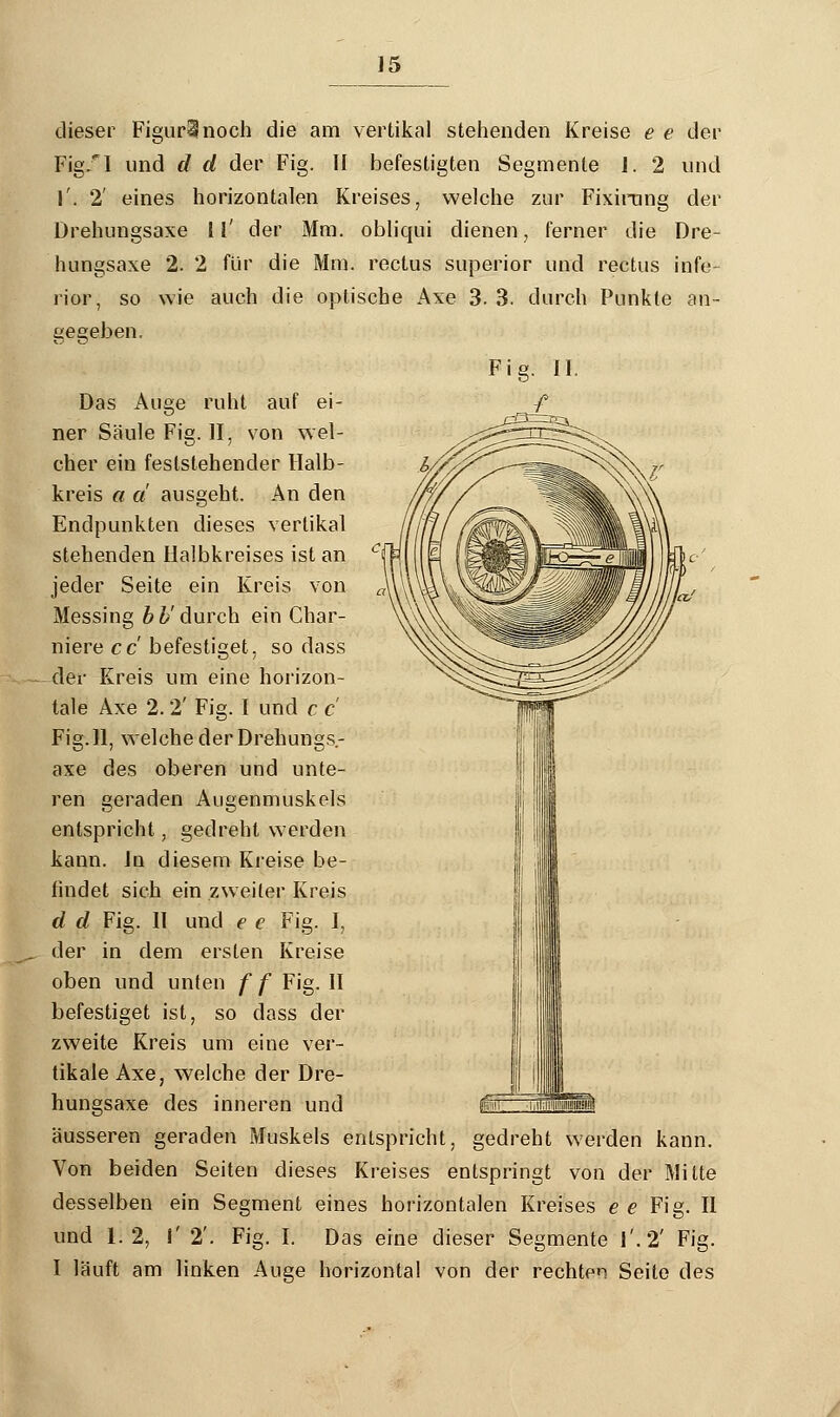 dieser Figur^noch die am vertikal stehenden Kreise e e der Fig/I und d d der Fig. TI befestigten Segmente 1. 2 und T. 2' eines horizontalen Kreises, welche zur Fixirnng der Drehungsaxe 11' der Mm. obliqui dienen, ferner die Dre- hungsaxe 2. 2 für die Mm. rectus superior und rectus infe- rior, so wie auch die optische Axe 3. 3. durch Punkte an- gegeben, Das Auge ruht auf ei- ner Säule Fig. II, von wel- cher ein feststehender Halb- kreis a d ausgeht. An den Endpunkten dieses vertikal stehenden Halbkreises ist an jeder Seite ein Kreis von Messing bb'durch ein Char- niere cc befestiget, so dass der Kreis um eine horizon- tale Axe 2.2' Fig. I und c c Fig.H, welche der Drehungs.- axe des oberen und unte- ren geraden Augenmuskels entspricht, gedreht werden kann. In diesem Kreise be- findet sich ein zweiter Kreis d d Fig. II und e e Fig. I, der in dem ersten Kreise oben und unten f f Fig. II befestiget ist, so dass der zweite Kreis um eine ver- tikale Axe, welche der Dre- hungsaxe des inneren und äusseren geraden Muskels entspricht, gedreht werden kann. Von beiden Seiten dieses Kreises entspringt von der Mitte desselben ein Segment eines horizontalen Kreises e e Fig. II und 1.2, 1' 2'. Fig. I. Das eine dieser Segmente I'.2' Fig. I läuft am linken Auge horizontal von der rechten Seite des