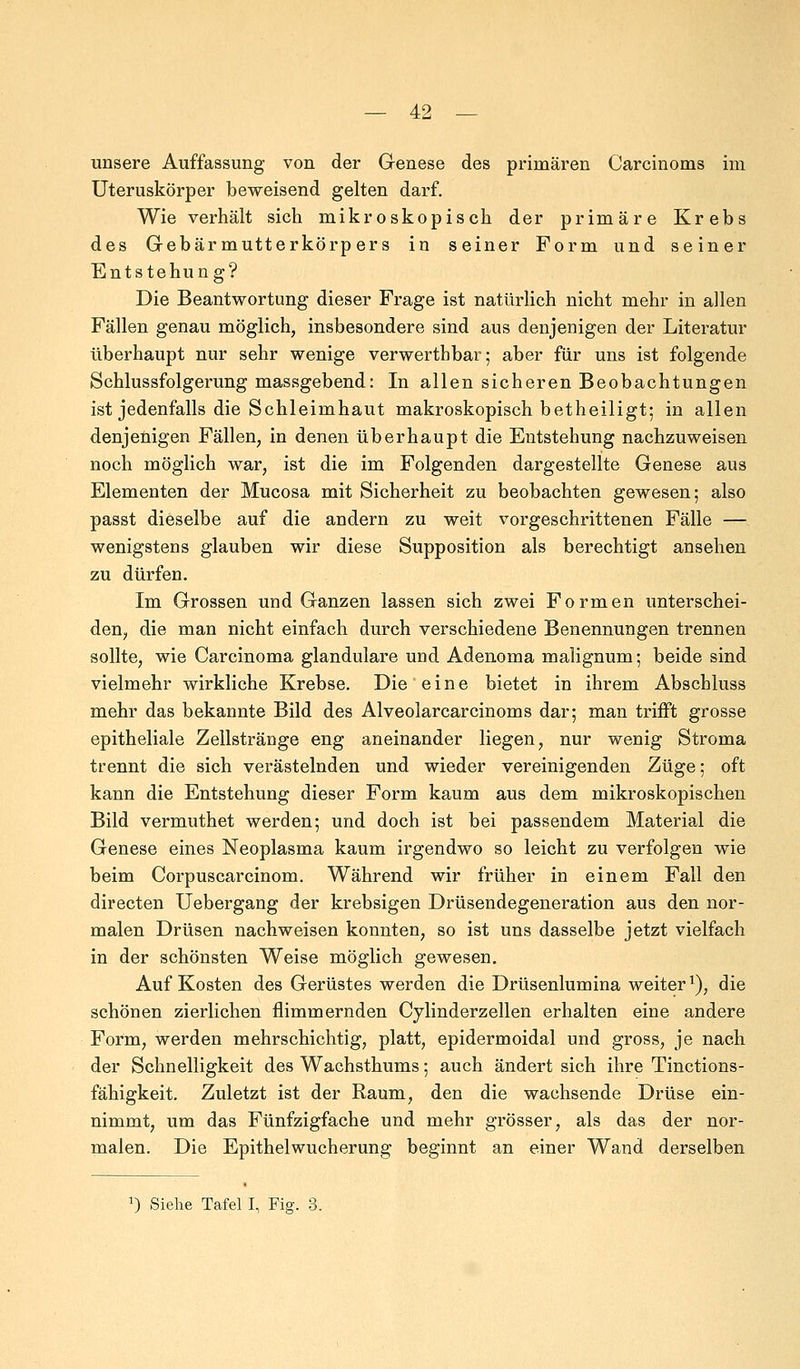unsere Auffassung von der Genese des primären Carcinoms im Uteruskörper beweisend gelten darf. Wie verhält sich mikroskopisch der primäre Krebs des G-ebärmutterkörpers in seiner Form und seiner Entstehung? Die Beantwortung dieser Frage ist natürlich nicht mehr in allen Fällen genau möglich, insbesondere sind aus denjenigen der Literatur überhaupt nur sehr wenige verwerthbar; aber für uns ist folgende Schlussfolgerung massgebend: In allen sicheren Beobachtungen ist jedenfalls die Schleimhaut makroskopisch betheiligt-, in allen denjenigen Fällen, in denen überhaupt die Entstehung nachzuweisen noch möglich war, ist die im Folgenden dargestellte Genese aus Elementen der Mucosa mit Sicherheit zu beobachten gewesen; also passt dieselbe auf die andern zu weit vorgeschrittenen Fälle — wenigstens glauben wir diese Supposition als berechtigt ansehen zu dürfen. Im Grossen und Ganzen lassen sich zwei Formen unterschei- den, die man nicht einfach durch verschiedene Benennungen trennen sollte, wie Carcinoma glanduläre und Adenoma malignum; beide sind vielmehr wirkliche Krebse. Die eine bietet in ihrem Abschluss mehr das bekannte Bild des Alveolarcarcinoms dar; man trifft grosse epitheliale Zellstränge eng aneinander liegen, nur wenig Stroma trennt die sich verästelnden und wieder vereinigenden Züge; oft kann die Entstehung dieser Form kaum aus dem mikroskopischen Bild vermuthet werden; und doch ist bei passendem Material die Genese eines Neoplasma kaum irgendwo so leicht zu verfolgen wie beim Corpuscarcinom. Während wir früher in einem Fall den directen Uebergang der krebsigen Drüsendegeneration aus den nor- malen Drüsen nachweisen konnten, so ist uns dasselbe jetzt vielfach in der schönsten Weise möglich gewesen. Auf Kosten des Gerüstes werden die Drüsenlumina weiter1), die schönen zierlichen flimmernden Cylinderzellen erhalten eine andere Form, werden mehrschichtig, platt, epidermoidal und gross, je nach der Schnelligkeit des Wachsthums; auch ändert sich ihre Tinctions- fähigkeit. Zuletzt ist der Raum, den die wachsende Drüse ein- nimmt, um das Fünfzigfache und mehr grösser, als das der nor- malen. Die Epithelwucherung beginnt an einer Wand derselben