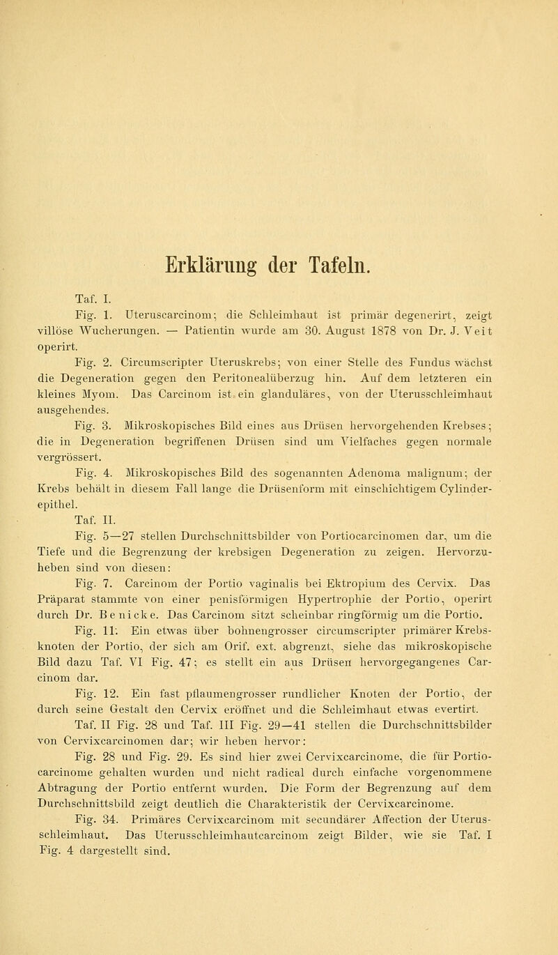 Erklärung der Tafeln. Taf. I. Fig. 1. Uteruscarcinom; die Schleimhaut ist primär degenerirt, zeigt villöse Wucherungen. — Patientin wurde am 30. August 1878 von Dr. J. Veit operirt. Fig. 2. Circumscripter Uteruskrebs; von einer Stelle des Fundus wächst die Degeneration gegen den Peritonealüberzug hin. Auf dem letzteren ein kleines Myom. Das Carcinom ist ein glanduläres, von der Uterusschleimhaut ausgehendes. Fig. 3. Mikroskopisches Bild eines aus Drüsen hervorgehenden Krebses; die in Degeneration begriffenen Drüsen sind um Vielfaches gegen normale vergrössert. Fig. 4. Mikroskopisches Bild des sogenannten Adenoma malignum; der Krebs behält in diesem Fall lange die Drüsenform mit einschichtigem Cylinder- epithel. Taf. II. Fig. 5—27 stellen Durchschnittsbilder von Portiocarcinomen dar, um die Tiefe und die Begrenzung der krebsigen Degeneration zu zeigen. Hervorzu- heben sind von diesen: Fig. 7. Carcinom der Portio vaginalis bei Ektropium des Cervix. Das Präparat stammte von einer penisförmigen Hypertrophie der Portio, operirt durch Dr. Be nicke. Das Carcinom sitzt scheinbar ringförmig um die Portio. Fig. IT. Ein etwas über bohnengrosser circumscripter primärer Krebs- knoten der Portio, der sich am Orif. ext. abgrenzt, siehe das mikroskopische Bild dazu Taf. VI Fig. 47; es stellt ein aus Drüsen hervorgegangenes Car- cinom dar. Fig. 12. Ein fast pflaumengrosser rundlicher Knoten der Portio, der durch seine Gestalt den Cervix eröffnet und die Schleimhaut etwas evertirt. Taf. II Fig. 28 und Taf. III Fig. 29—41 stellen die Durchschnittsbilder von Cervixcarcinomen dar; wir lieben hervor: Fig. 28 und Fig. 29. Es sind hier zwei Cervixcarcinome, die für Portio- carcinome gehalten wurden und nicht radical durch einfache vorgenommene Abtragung der Portio entfernt wurden. Die Form der Begrenzung auf dem Durchschnittsbild zeigt deutlich die Charakteristik der Cervixcarcinoine. Fig. 34. Primäres Cervixcarcinom mit secundärer Affection der Uterus- schleimhaut. Das Uterusschleimhautcarcinom zeigt Bilder, wie sie Taf. I Fig. 4 dargestellt sind.