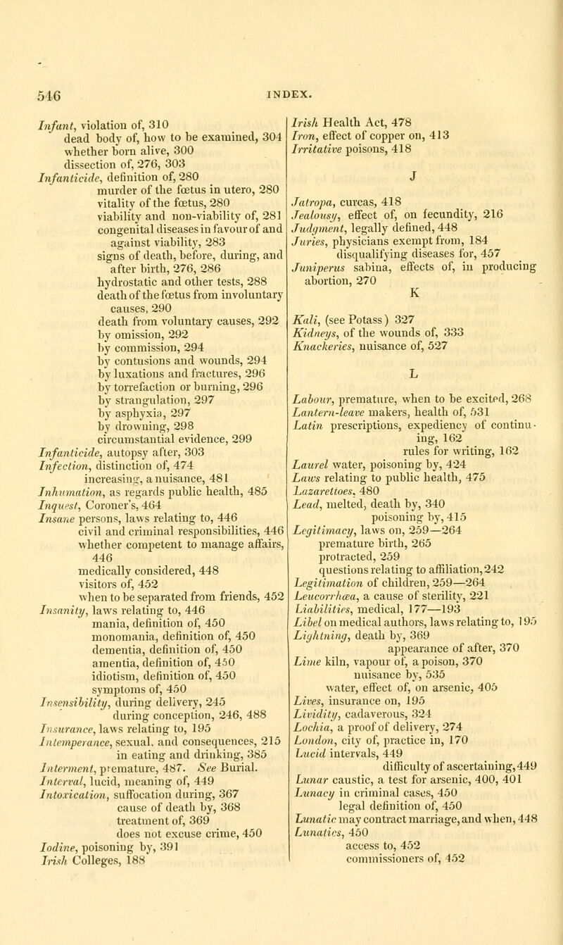 Infant, violation of, 310 dead body of, how to be examined, 304 whether bora alive, 300 dissection of, 276, 303 Infanticide, definition of, 280 murder of the foetus in utero, 280 vitality of the foetus, 280 viability and non-viability of, 281 congenital diseases in favour of and against viability, 283 signs of death, before, during, and after birth, 276, 286 hydrostatic and other tests, 288 death of the foetus from involuntary causes, 290 death from voluntary causes, 292 by omission, 292 by commission, 294 by contusions and wounds, 294 by luxations and fractures, 296 by torrefaction or burning, 296 by strangulation, 297 by asphyxia, 297 by drowning, 298 circumstantial evidence, 299 Infanticide, autopsy after, 303 Infection, distinction of, 474 increasing, a nuisance, 481 Inhumation, as regards public health, 485 Inquest, Coroner's, 464 Insane persons, laws relating to, 446 civil and criminal responsibilities, 446 whether competent to manage affairs, 446 medically considered, 448 visitors of, 452 when to be separated from friends, 452 Insanity, laws relating to, 446 mania, definition of, 450 monomania, definition of, 450 dementia, definition of, 450 amentia, definition of, 450 idiotism, definition of, 450 symptoms of, 450 Insensibility, during delivery, 245 during conception, 246, 488 /».s«rance, laws relating to, 195 In temperance, ses-ua-l. and consequences, 215 in eating and drinking, 385 Interment, piemature, 487. See Burial. Interval, lucid, meaning of, 449 Intoxication, suffocation during, 367 cause of death by, 368 treatment of, 369 does not excuse crime, 450 Iodine, poisoning by, 391 Irifh Colleges, 188 Irish Health Act, 478 Iron, effect of copper on, 413 Irritative poisons, 418 Jalropa, curcas, 418 Jealousy, effect of, on fecundity, 216 Judgment, legally defined, 448 Juries, physicians exempt from, 184 disqualifying diseases for, 457 Juniperus sabiua, effects of, in producing abortion, 270 K Kali, (see Potass) 327 Kidneys, of the wounds of, 333 Knackeries, nuisance of, 527 Labour, premature, when to be excited, 268 Lantern-leave maters, health of, 531 Latin prescriptions, expediency of continu- ing, 162 rules for writing, 162 Laurel water, poisoning by, 424 Latvs relating to public health, 475 Lazaretioes, 480 Lead, melted, death by, 340 poisoning by, 415 Legitimacy, laws on, 259—264 premature birth, 265 protracted, 259 questions relating to affiliation,242 Legitimation of children, 259—264 Leucorrhcea, a cause of sterility, 221 Liabilities, medical, 177—193 Libel on medical authors, laws relating to, 195 Lightning, death by, 369 appearance of after, 370 Lime kiln, vapour of, a poison, 370 nuisance by, 535 water, effect of, on arsenic, 405 Lives, insurance on, 195 Lividity, cadaverous, 324 Lochia, a proof of delivery, 274 London, city of, practice in, 170 Lucid intervals, 449 difficulty of ascertaining,449 Lunar caustic, a test for arsenic, 400, 401 Lunacy in criminal cases, 450 legal definition of, 450 Lunatic may contract marriage, and when, 448 Lunatics, 450 access to, 452 commissioners of, 452