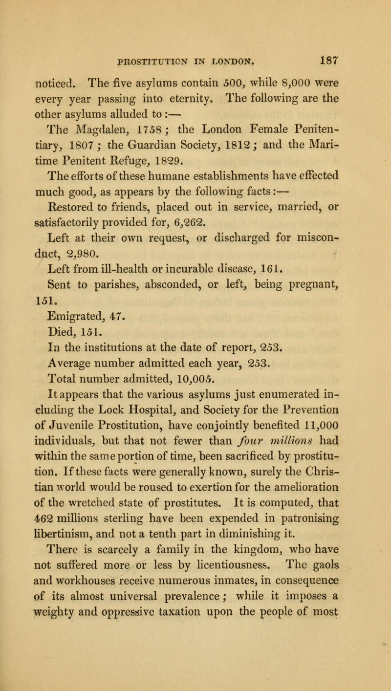 noticed. The five asylums contain 500, while 8,000 were every year passing into eternity. The following are the other asylums alluded to :— The Magdalen, 1758; the London Female Peniten- tiary, 1807; the Guardian Society, 1812; and the Mari- time Penitent Refuge, 1829. The efforts of these humane establishments have effected much good, as appears by the following facts:— Restored to friends, placed out in service, married, or satisfactorily provided for, 6,262. Left at their own request, or discharged for miscon- duct, 2,980. Left from ill-health or incurable disease, 161. Sent to parishes, absconded, or left, being pregnant, 151. Emigrated, 47. Died, 151. In the institutions at the date of report, 253. Average number admitted each year, 253. Total number admitted, 10,005. It appears that the various asylums just enumerated in- cluding the Lock Hospital, and Society for the Prevention of Juvenile Prostitution, have conjointly benefited 11,000 individuals, but that not fewer than four millions had within the same portion of time, been sacrificed by prostitu- tion. If these facts were generally known, surely the Chris- tian world would be roused to exertion for the amelioration of the wretched state of prostitutes. It is computed, that 462 millions sterling have been expended in patronising libertinism, and not a tenth part in diminishing it. There is scarcely a family in the kingdom, who have not suffered more or less by licentiousness. The gaols and workhouses receive numerous inmates, in consequence of its almost universal prevalence; while it imposes a weighty and oppressive taxation upon the people of most