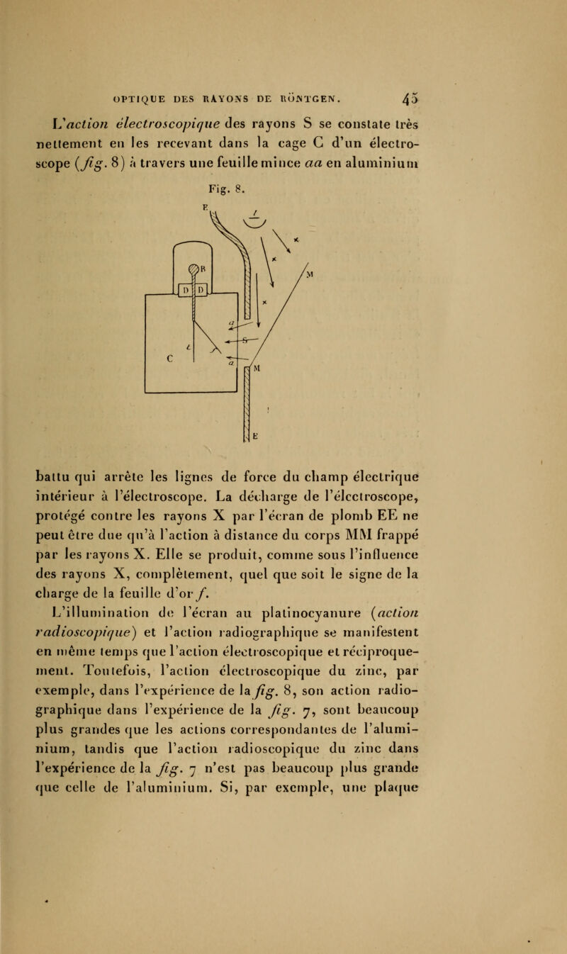 {^''action électroscopique des rayons S se conslale 1res nellemerit en les recevant dans la cage G d'un éleclro- scope {Jig- 8) à travers une feuille mince aa en aluminium Fis. 8. battu qui arrête les lignes de force du champ électrique intérieur à l'électroscope. La décharge de l'élcclroscope, protégé contre les rayons X par l'écran de plomb EE ne peut être due qu'à l'action à distance du corps MM frappé par les rayons X. Elle se produit, comme sous l'influence des rayons X, complètement, quel que soit le signe de la charge de la feuille d'or y. L'illumination de l'écran au platinocyanure [action radioscopique) et l'action radiographique se manifestent en même lemps que l'action électioscopique et réciproque- ment. Toutefois, l'action électroscopique du zinc, par exemple, dans l'expérience de \difig. 8, son action radio- graphique dans l'expérience de la fig. 7, sont beaucoup plus grandes que les actions correspondantes de l'alumi- nium, tandis que l'action radioscopique du zinc dans l'expérience de la Jig. 7 n'est pas beaucoup plus grande que celle de l'aluminium. Si, par exemple, une placpje