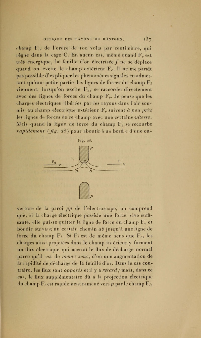 (îliamp F;, de l'ottlre de loo volls par ceiuiniètre, qui lègue dans la cage C. En aucun cas, môn»e quand F^ est très cnergicjue, la feuille d'or électrisée/ne se déplace quand on excite le champ extérieur F^. Il ne me paraît pas possible d'expli(|uer les phénomènes signalés en admet- lanl qu'une petite partie des lign(S de forces du champ F/ viennent, lorsqu'on excite F^, se raccorder directement avec des lignes de forces du champ F^. Je pense que les charges électriques libérées par les rayons dans l'air sou- mis au champ éJecuique extérieur F^ suivent à peu près les lignes de forces de ce cliamp avec une certaine 7;zïe^^e. Mais (juand la ligne de force du champ F^ se recourbe rapidement {Jîg. 28) pour aboutir à un bord c d'une ou- Fig. 28. verlure de la paroi pp de l'éleclroscope, on comprend que, si la charge électri(jue possèJe une force vive suffi- sante, elle pui.^se quitter la ligne de force du chanjp F^ et bondir suivant un cei f.ain chemin ab jusqu'à une ligne de force du champ F/. Si F^ est de même sens que F^, les charges ainsi projetées dans le champ intérieur y forment un flux électrique qui accroît le flux de décharge normal parce (ju'il <'st de iriéme sens ; d'où une augmentation de la rapidité de décharge de la feuille d'or. Dans le cas con- traire, les flux sont opposés et il y a retard; mais, dans ce ca«, le flux supplémentaire dû à la projection électrique du champ F^est rapidement ramené vers p par- le champ F/,