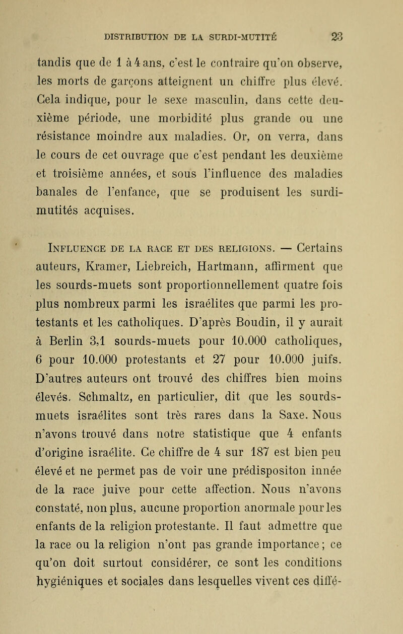 tandis que de 1 à4ans, c'est le contraire qu'on observe, les morts de garçons atteignent un chiffre plus (-levé. Cela indique, pour le sexe masculin, dans cette deu- xième période, une morbidité plus grande ou une résistance moindre aux maladies. Or, on verra, dans le cours de cet ouvrage que c'est pendant les deuxième et troisième années, et sous l'influence des maladies banales de l'enfance, que se produisent les surdi- mutités acquises. Influence de la race et des religions. — Certains auteurs, Kramer, Liebreich, Hartmann, affirment que les sourds-muets sont proportionnellement quatre fois plus nombreux parmi les israélites que parmi les pro- testants et les catholiques. D'après Boudin, il y aurait à Berlin 3,1 sourds-muets pour 10.000 catholiques, 6 pour 10.000 protestants et 27 pour 10.000 juifs. D'autres auteurs ont trouvé des chiffres bien moins élevés, Schmaltz, en particulier, dit que les sourds- muets israélites sont très rares dans la Saxe. Nous n'avons trouvé dans notre statistique que 4 enfants d'origine israélite. Ce chiffre de 4 sur 187 est bien peu élevé et ne permet pas de voir une prédispositon innée de la race juive pour cette affection. Nous n'avons constaté, non plus, aucune proportion anormale pour les enfants de la religion protestante. Il faut admettre que la race ou la religion n'ont pas grande importance ; ce qu'on doit surtout considérer, ce sont les conditions hygiéniques et sociales dans lesquelles vivent ces dille-