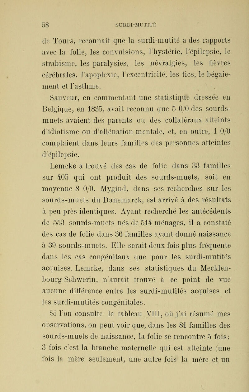 de Tours, reconnaît que la surdi-mutité a des rapports avec la folie, les convulsions, l'hystérie. Fépilepsie, le strabisme, les paralysies, les névralgies, les fièvres cérébrales, l'apoplexie, l'excentricité, les tics, le bégaie- ment et l'asthme. Sauveur, en commentant une statistique dressée en Belgique, en 1835, avait reconnu que 5 0/0 des sourds- muets avaient des parents ou des collatéraux atteints d'idiotisme ou d'aliénation mentale, et, en outre, 1 0/0 comptaient dans leurs familles des personnes atteintes d'épilepsie. Lemcke a trouvé des cas de folie dans 33 familles sur 405 qui ont produit des sourds-muets, soit en moyenne 8 0/0. Mygind. dans ses recherches sur les sourds-muets du Danemarck, est arrivé à des résultats à peu près identiques. Ayant recherché les antécédents de 553 sourds-muets nés de 514 ménages, il a constaté des cas de folie clans 36 familles ayant donné naissance à 39 sourds-muets. Elle serait deux fois plus fréquente dans les cas congénitaux crue pour les surdi-mutités acquises. Lemcke, dans ses statistiques du Mecklen- bourg-Schwerin, n'aurait trouvé à ce point de vue aucune différence entre les surdi-mutités acquises et les surdi-mutités congénitales. Si l'on consulte le tableau VIII, où j'ai résumé mes observations, on peut voir que, dans les 81 familles des sourds-muets de naissance, la folie se rencontre 5 fois; 3 fois c'est la branche maternelle qui est atteinte (une fois la mère seulement, une autre fois la mère et un