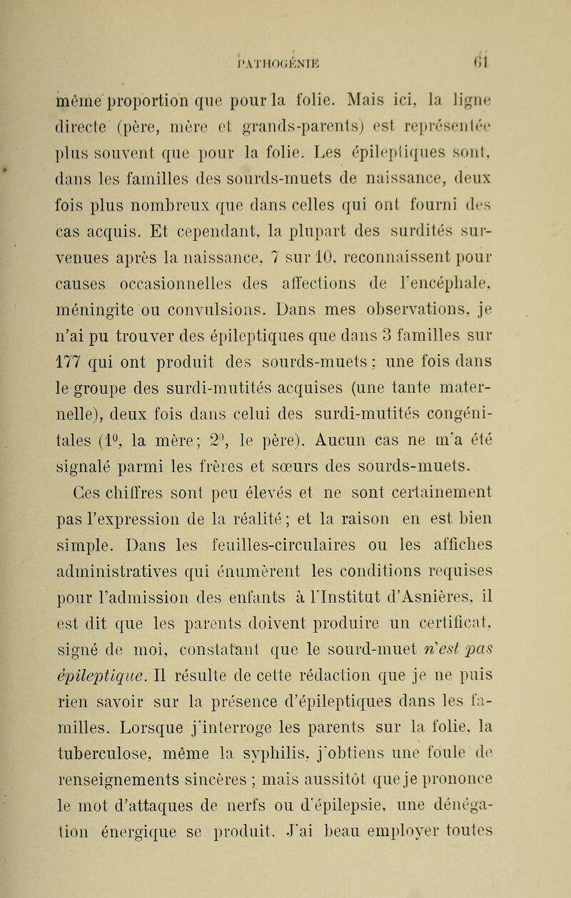 PATHOGÉNlfi 'il i^ême'proportion que pour la folie. Mais ici, la ligne directe (père, mère el grands-parents) es1 représentée plus souvenl que pour la folie. Les épilepiiques sont, dans les familles des sourds-muets de naissance, deux fois plus nombreux que dans celles qui ont fourni des cas acquis. Et cependant, la plupart des surdités sur- venues après la naissance. 1 sur 10, reconnaissent pour causes occasionnelles des affections de l'encéphale, méningite ou convulsions. Dans mes observations, je n'ai pu trouver des épileptiques que dans 3 familles sur 177 qui ont produit des sourds-muets ; une fois dans le groupe des surdi-mutités acquises (une tante mater- nelle), deux fois clans celui des surdi-mutités congéni- tales (1°, la mère; 2°, le père). Aucun cas ne m'a été signalé parmi les frères et sœurs des sourds-muet s. Ces chiffres sont peu élevés et ne sont certainement pas l'expression de la réalité ; et la raison en est bien simple. Dans les feuilles-circulaires ou les affiches administratives qui émanèrent les conditions requises pour l'admission des enfants à l'Institut d'Asnières. il est dit que les parents doivent produire un certificat, signé de moi. constatant que le sourd-muet n'es! pas êpilejollque. Il résulte de cette rédaction que je ne puis rien savoir sur la présence d'épileptiques dans les fa- milles. Lorsque j'interroge les parents sur la folie, la tuberculose, même la syphilis, j'obtiens une foule de renseignements sincères ; mais aussitôt que je prononce le mot d'attaques de nerfs ou d'épilepsie. une dénéga- tion énergique se produit. J'ai beau employer toutes