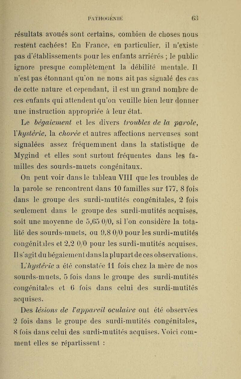 résultats avoués sont certains, combien de choses nous restent cachées! En France, en particulier, il n'existe pas d'établissements pour les enfants arriérés ; le public ignore presque complètement la débilité mentale. Il n'est pas étonnant qu'on ne nous ait pas signalé des cas de cette nature et cependant, il est un grand nombre de ces enfants qui attendent qu'on veuille bien leur donner une instruction appropriée à leur état. Le bégaiement et les divers troubles de la parole, l'hystérie, la chorée et autres affections nerveuses sont signalées assez fréquemment dans la statistique de Mygind et elles sont surtout fréquentes dans les fa- milles des sourds-muets congénitaux. On peut voir dans le tableau VIII que les troubles de la parole se rencontrent dans 10 familles sur 177, 8 fois dans le groupe des surdi-mutités congénitales, 2 fois seulement dans le groupe des surdi-mutités acquises, soit une moyenne de ô,Q<j 0/0, si l'on considère la tota- lité des sourds-muets, ou 9,8 0/0 pour les surdi-mutités congénitales et 2,2 0/0 pour les surdi-mutités acquises. Il s'agit du bégaiement dans la plupart de ces observations. L'hystérie a été constatée 11 fois chez la mère de nos sourds-muets. 5 fois dans le groupe des surdi-mutités congénitales et G fois dans celui des surdi-mutités acquises. Des lésions de Vajrparcil oculaire ont été observées 2 fois dans le groupe des surdi-mutités congénitales, 8 fois dans celui des surdi-mutités acquises. Voici com- ment elles se répartissent :