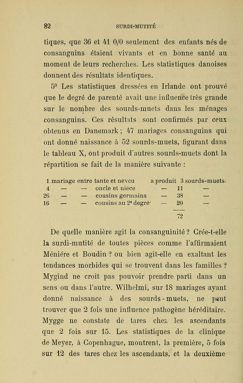 tiques, que 36 et 41 0/0 seulement des enfants nés de consanguins étaient vivants et en bonne santé au moment de leurs recherches. Les statistiques danoises donnent des résultats identiques. 5° Les statistiques dressées en Irlande ont prouvé que le degré de parenté avait une influence très grande sur le nombre des sourds-muets dans les ménages consanguins. Ces résultats sont confirmés par ceux obtenus en Danemark ; 47 mariages consanguins qui ont donné naissance à 52 sourds-muets, figurant dans le tableau X, ont produit d'autres sourds-muets dont la répartition se fait de la manière suivante : 1 mariage entre tante et neveu a produit 3 sourds-muets. 4 — — oncle et nièce — 11 — 26 — — cousins germains — 38 — 16 — — cousins au 2e degré' — 20 — De quelle manière agit la consanguinité ? Crée-t-elle la surdi-mutité de toutes pièces comme l'affirmaient Méniére et Boudin ? ou bien agit-elle en exaltant les tendances morbides qui se trouvent dans les familles ? Mygind ne croit pas pouvoir prendre parti dans un sens ou dans l'autre. Wilhelmi, sur 18 mariages ayant donné naissance à des sourds-muets, ne peut trouver que 2 fois une influence pathogène héréditaire. Mygge ne constate de tares chez les ascendants que 2 fois sur 15. Les statistiques de la clinique de Meyer, à Copenhague, montrent, la première, 5 fois sur 12 des tares chez les ascendants, et la deuxième