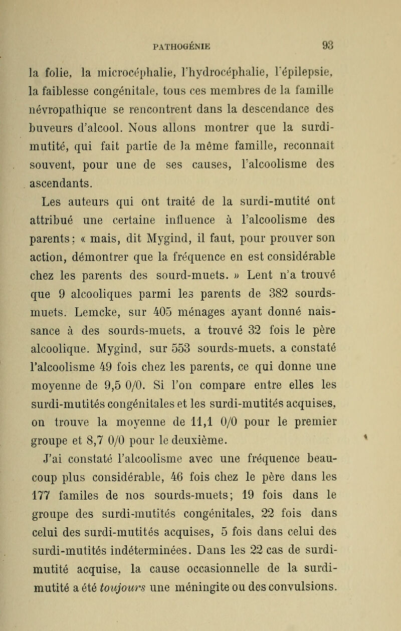 la folie, la microcéphalie, l'hydrocéphalie, Fépilepsie, la faiblesse congénitale, tous ces membres de la famille névropathique se rencontrent dans la descendance des buveurs d'alcool. Nous allons montrer que la surdi- mutité, qui fait partie de la même famille, reconnaît souvent, pour une de ses causes, l'alcoolisme des ascendants. Les auteurs qui ont traité de la surdi-mutité ont attribué une certaine influence à l'alcoolisme des parents: « mais, dit Mygind, il faut, pour prouver son action, démontrer que la fréquence en est considérable chez les parents des sourd-muets. » Lent n'a trouvé que 9 alcooliques parmi les parents de 382 sourds- muets. Lemcke, sur 405 ménages ayant donné nais- sance à des sourds-muets, a trouvé 32 fois le père alcoolique. Mygind, sur 553 sourds-muets, a constaté l'alcoolisme 49 fois chez les parents, ce qui donne une moyenne de 9,5 0/0. Si l'on compare entre elles les surdi-mutités congénitales et les surdi-mutités acquises, on trouve la moyenne de 11,1 0/0 pour le premier groupe et 8,7 0/0 pour le deuxième. J'ai constaté l'alcoolisme avec une fréquence beau- coup plus considérable, 46 fois chez le père dans les 177 familes de nos sourds-muets; 19 fois dans le groupe des surdi-mutités congénitales, 22 fois dans celui des surdi-mutités acquises, 5 fois dans celui des surdi-mutités indéterminées. Dans les 22 cas de surdi- mutité acquise, la cause occasionnelle de la surdi- mutité a été toujours une méningite ou des convulsions.