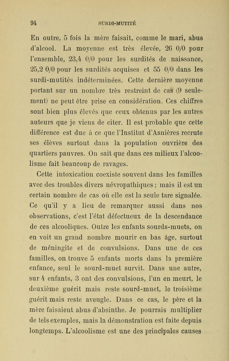 En outre, 5 fois la mère faisait, comme le mari, abus d'alcool. La moyenne est très élevée, 26 0/0 pour l'ensemble, 23,4 0/0 pour les surdités de naissance, 25,2 0/0 pour les surdités acquises et 55 0/0 dans les surdi-mutités indéterminées. Cette dernière moyenne portant sur un nombre très restreint de cas (9 seule- ment) ne peut être prise en considération. Ces chiffres sont bien plus élevés que ceux obtenus par les autres auteurs que je viens de citer. Il est probable que cette différence est due à ce que l'Institut d'Asnières recrute ses élèves surtout dans la population ouvrière des quartiers pauvres. On sait que dans ces milieux l'alcoo- lisme fait beaucoup de ravages. Cette intoxication coexiste souvent dans les familles avec des troubles divers névropathiques ; mais il est un certain nombre de cas où elle est la seule tare signalée. Ce qu'il y a lieu de remarquer aussi dans nos observations, c'est l'état défectueux de la descendance de ces alcooliques. Outre les enfants sourds-muets, on en voit un grand nombre mourir en bas âge, surtout de méningite et de convulsions. Dans une de ces familles, on trouve 5 enfants morts dans la première enfance, seul le sourd-muet survit. Dans une autre, sur 4 enfants, 3 ont des convulsions, l'un en meurt, le deuxième guérit mais reste sourd-muet, le troisième guérit mais reste aveugle. Dans ce cas, le père et la mère faisaient abus d'absinthe. Je pourrais multiplier de tels exemples, mais la démonstration est faite depuis longtemps. L'alcoolisme est une des principales causes