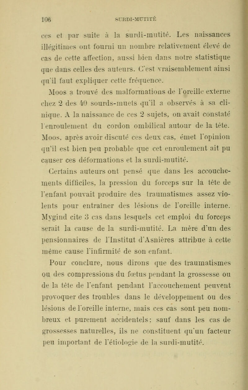 - et par suite à la surdi-mutité. Les naissances illégitimes ont fourni un nombre relativement élevé de cas de cette affection, aussi bien dans notre statistique que dans celles des auteurs. C'est vraisemblement ainsi qu'il faut expliquer cette fréquence. Moos a trouvé des malformations de l'oreille externe chez 2 des 40 sourds-muets qu'il a observés à sa cli- nique. A la naissance de ces 2 sujets, on avait constaté l'enroulement du cordon ombilical autour de la tète. Moos. après avoir discuté ces deux cas. émet l'opinion qu'il est bien peu probable que cet enroulement ait pu causer ces déformations et la surdi-mutité. Certains auteurs ont pensé que dans les accouche- ments difficiles, la pression du forceps sur la tète de l'enfant pouvait produire des traurnatismes assez vio- lents pour entraîner des lésions de l'oreille interne. Mygind cite 3 cas dans lesquels cet emploi du forceps serait la cause de la surdi-mutité. La mère d'un des pensionnaires de l'Institut d'Asnières attribue à cette même cause l'infirmité de son enfant. Pour conclure, nous dirons que des traurnatismes ou des compressions du fœtus pendant la grossesse ou de la tète de l'enfant pendant l'accouchement peuvent provoquer des troubles dans le développement ou des lésions de l'oreille interne, mais ces cas sont peu nom- breux et purement accidentels: sauf dans les cas de grossesses naturelles, ils ne constituent qu'un facteur peu important de l'étiologie de la surdi-mutité.