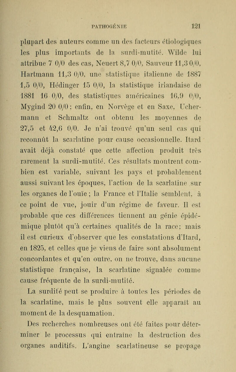 plupart des auteurs comme un des facteurs étiologiques les plus importants de La surdi-mutité. Wilde lui attribue 7 0/0 des cas, Neuert 8,7 0/0, Sauveur 11,30/0, Hartmann 11,3 0/0, une statistique italienne de 1887 1,5 0/0, Hédinger 15 0/0, la statistique irlandaise de 1881 10 0/0, des statistiques américaines 16,9 0/0, Mygind 20 0/0 ; enfin, en Norvège et en Saxe. Ucher- mann et Schmaltz ont obtenu les moyennes de 27,5 et 42,G 0/0. Je n'ai trouvé qu'un seul cas qui reconnût la scarlatine pour cause occasionnelle. Itard avait déjà constaté que cette affection produit très rarement la surdi-mutité. Ces résultats montrent com- bien est variable, suivant les pays et probablement aussi suivant les époques, l'action de la scarlatine sur les organes de l'ouïe ; la France et l'Italie semblent, à ce point de vue, jouir d'un régime de faveur. Il est probable que ces différences tiennent au génie épidé- miquè plutôt qu'à certaines qualités de la race: mais il est curieux d'observer que les constatations d'Itard, en 1825, et celles que je viens de faire sont absolument concordantes et qu'en outre, on ne trouve, dans aucune statistique française, la scarlatine signalée comme cause fréquente de la surdi-mutité. La surdité peut se produire à toutes les périodes de la scarlatine, mais le plus souvent elle apparaît au moment de la desquamation. Des recherches nombreuses ont été faites pour déter- miner le processus qui entraîne la destruction des organes auditifs. L'angine scarlatineuse se propage