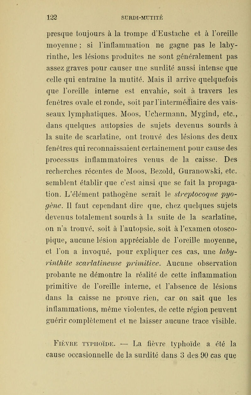 presque toujours à la trompe d'Eustache et à l'oreille moyenne ; si l'inflammation ne gagne pas le laby- rinthe, les lésions produites ne sont généralement pas assez graves pour causer une surdité aussi intense que celle qui entraîne la mutité. Mais il arrive quelquefois que l'oreille interne est envahie, soit à travers les fenêtres ovale et ronde, soit par l'intermédiaire des vais- seaux lymphatiques. Moos, Uchermann, Mygind, etc., dans quelques autopsies de sujets devenus sourds à la suite de scarlatine, ont trouvé des lésions des deux fenêtres qui reconnaissaient certainement pour cause des processus inflammatoires venus de la caisse. Des recherches récentes de Moos, Bezold, Guranowski, etc. semblent établir que c'est ainsi que se fait la propaga- tion. L'élément pathogène serait le streptocoque pyo- gène. Il faut cependant dire que. chez quelques sujets devenus totalement sourds à la suite de la scarlatine, on n'a trouvé, soit à l'autopsie., soit à l'examen otosco- pique, aucune lésion appréciable de l'oreille moyenne, et l'on a invoqué, pour expliquer ces cas, une laby- rinthite scarlatineuse primitive. Aucune observation probante ne démontre la réalité de cette inflammation primitive de l'oreille interne, et l'absence de lésions dans la caisse ne prouve rien, car on sait que les inflammations, même violentes, de cette région peuvent guérir complètement et ne laisser aucune trace visible. Fièvre typhoïde. — La fièvre typhoïde a été la cause occasionnelle de la surdité dans 3 des 90 cas que