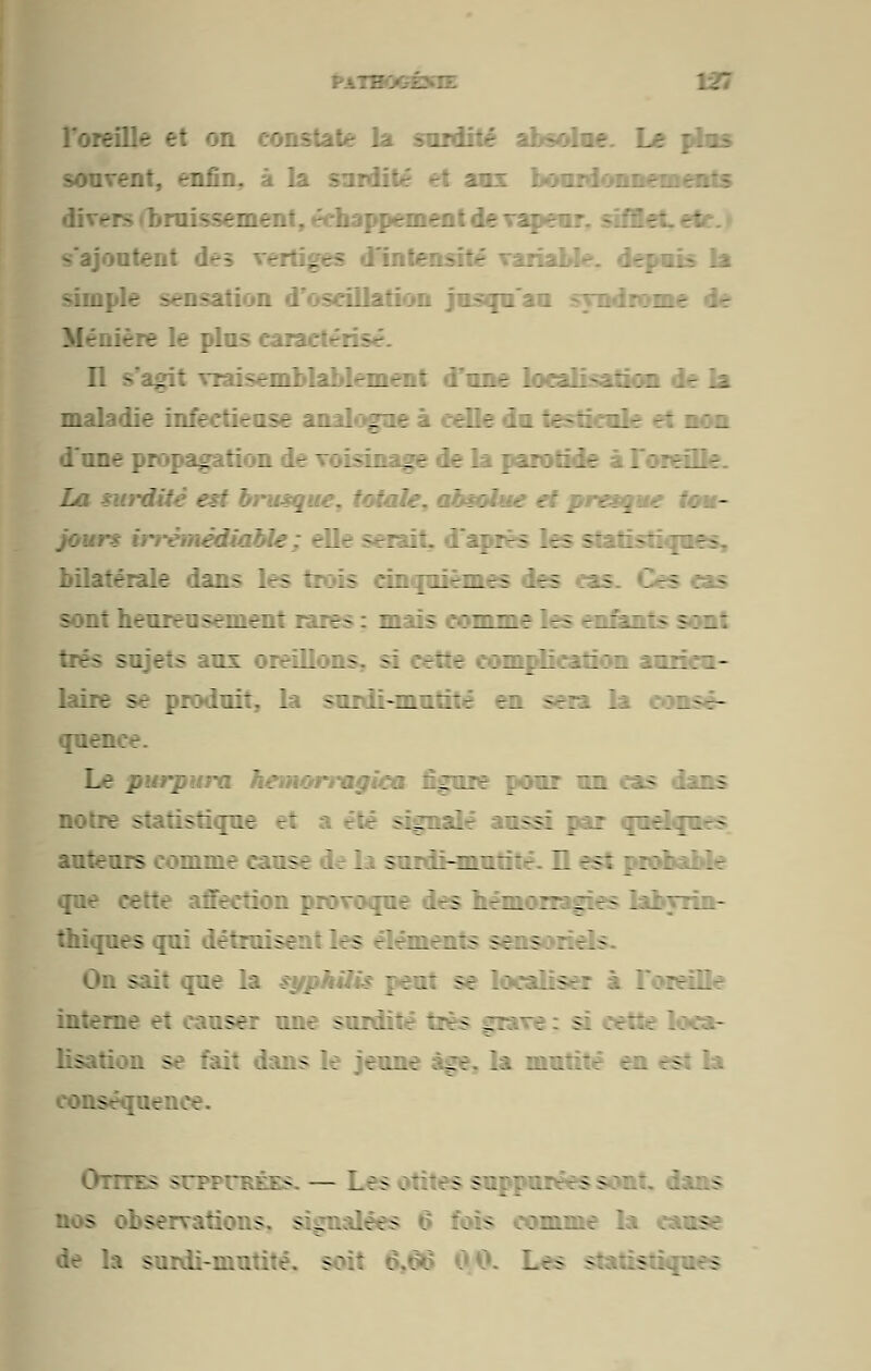 lie et on constate la surdité absolue. Le pte souvent, enfin, à la surdité et aux bourdonnements divers bruissement, échappement de vapeur, sifflet, etr. » s'ajoutent dé s vertiges d'intensité variable, depuis la simple sensation d'oscillation jusqu'au syndrome de Ménière le plus earaeté:. Il s'agit vraisemblablement d'une localisation de la maladie infectieuse analogue à celle du testicule et non d'une propagation de voisinage de la parotide à l'oreille. La surdité est brusque, totale, absolue et presque tou- jours irrémédiable; elle serait, d'après les statistiques, bilatérale dans les trois cinquièmes des cas. Ces cas sont heureusement rares : mais comme les enfants sont :ix oreillons, si cette complication auricu- laire se produit, la surdi-mutité en sera la eonsé- I '--■'-■- Le purpura hemorragîca figure pour un cas dans h:::t ^::s:i7r t: _ ;: _ : r^fLnrS auteurs comme cause de la surdi-mutité. Il est probable que cette affection provoque des hémorragies labyrin- thiques qui détruisent les éléments sensoriT '.- On sait que la syphilis peut se localiser à l'oreille interne et causer une surdité très grav; g rte loca- fait dans le jeune âge, la mutité en est la conséquence. Otites suppurez s. — If s otites siippuréessont. dans - ;. se rvations. signalées 6 fois comme la cause de la surdi-mutité, soit 6,61 ). Les s:: -