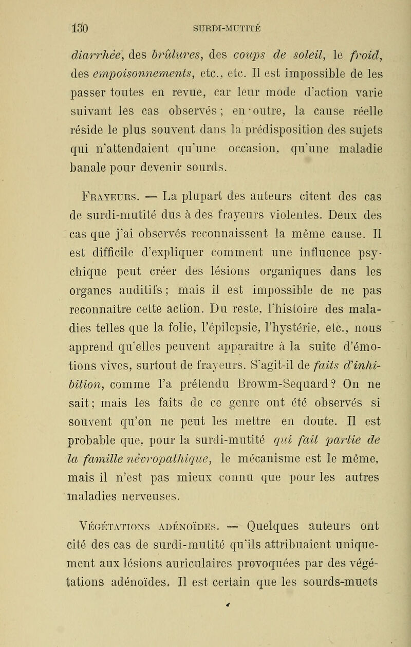 diarrhée, des brûlures, des coups de soleil, le froid, des empoisonnements, etc., etc. Il est impossible de les passer toutes en revue, car leur mode d'action varie suivant les cas observés; en-outre, la cause réelle réside le plus souvent dans la prédisposition des sujets qui n'attendaient qu'une occasion, qu'une maladie banale pour devenir sourds. Frayeurs. — La plupart des auteurs citent des cas de surdi-mutité dus à des frayeurs violentes. Deux des cas que j'ai observés reconnaissent la même cause. Il est difficile d'expliquer comment une influence psy- chique peut créer des lésions organiques dans les organes auditifs ; mais il est impossible de ne pas reconnaître cette action. Du reste, l'histoire des mala- dies telles que la folie, l'épilepsie, l'hystérie, etc., nous apprend qu'elles peuvent apparaître à la suite d'émo- tions vives, surtout de frayeurs. S'agit-il de faits d'inhi- bition, comme l'a prétendu Browm-Sequard ? On ne sait; mais les faits de ce genre ont été observés si souvent qu'on ne peut les mettre en doute. Il est probable que, pour la surdi-mutité qui fait partie de la famille nèvropathique, le mécanisme est le même, mais il n'est pas mieux connu que pour les autres maladies nerveuses. Végétations adénoïdes. — Quelques auteurs ont cité des cas de surdi-mutité qu'ils attribuaient unique- ment aux lésions auriculaires provoquées par des végé- tations adénoïdes. Il est certain que les sourds-muets