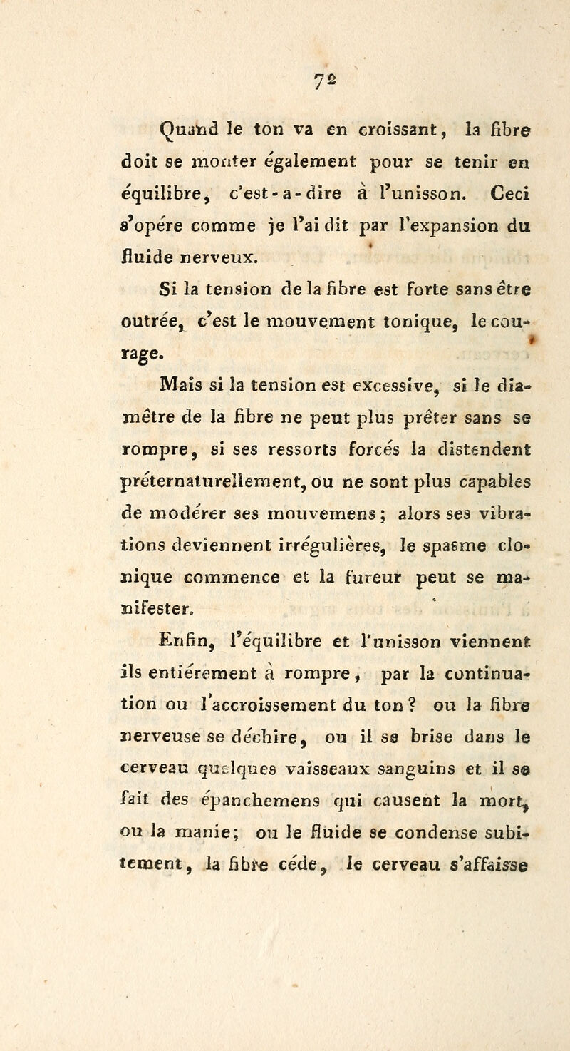 7^ Quaïid le ton va en croissant, k fibre doit se monter également pour se tenir en équilibre j c'est-a-dire à l'unisson. Ceci s'opère comme je l'ai dit par l'expansion du « iluide nerveux. Si la tension de la fibre est forte sans être outrée^ c'est le mouvement tonique, le cou- rage. Mais si la tension est excessive, si le dia- mètre de la fibre ne peut plus prêter sans se rompre, si ses ressorts forcés la distendent préternatureliement, ou ne sont plus capables de modérer ses mouvemens; alors ses vibra- tions deviennent irrégulières, le spasme clo- nique commence et la fureur peut se ma- nifester. Enfin, l'équilibre et l'unisson viennent ils entièrement a rompre, par la continua- tion ou l'accroissement du ton? ou la fibre nerveuse se déchire, ou il se brise dans le cerveau quelques vaisseaux sanguins et il se fait des épanchemens qui causent la mort, ou la manie; ou le fluide se condense subi- tement, la fibre cède, le cerveau s'affaisse