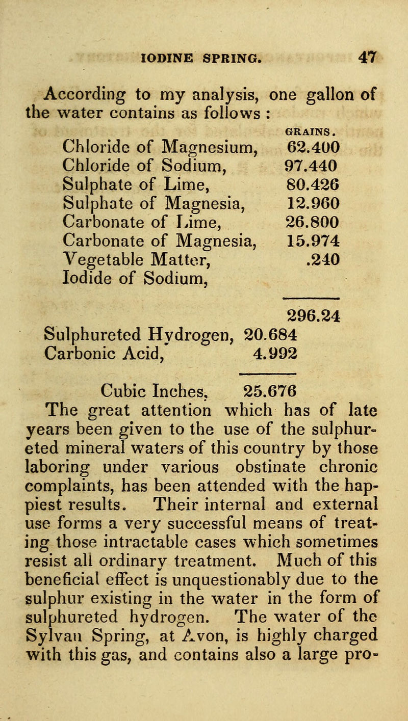 According to my analysis, one gallon of the water contains as follows : GRAINS. Chloride of Magnesium, 62.400 Chloride of Sodium, 97.440 Sulphate of Lime, 80.426 Sulphate of Magnesia, 12.960 Carbonate of Lime, 26.800 Carbonate of Magnesia, 15.974 Vegetable Matter, .240 Iodide of Sodium, 296.24 Sulphureted Hydrogen, 20.684 Carbonic Acid,' 4.992 Cubic Inches, 25.676 The great attention which has of late years been given to the use of the sulphur- eted mineral waters of this country by those laboring under various obstinate chronic complaints, has been attended with the hap- piest results. Their internal and external use forms a very successful means of treat- ing those intractable cases which sometimes resist all ordinary treatment. Much of this beneficial effect is unquestionably due to the sulphur existing in the water in the form of sulphureted hydrogen. The water of the Sylvan Spring, at Avon, is highly charged with this gas, and contains also a large pro-
