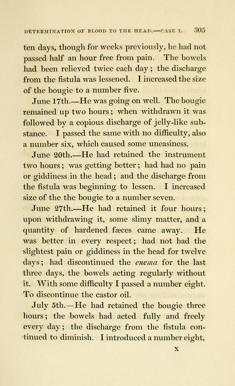 ten days, though for weeks previously, he had not passed half an hour free from pain. The bowels had been relieved twice each day; the discharge from the fistula was lessened. I increased the size of the bougie to a number five. June 17th.—He was going on well. The bougie remained up two hours; when withdrawn it was followed by a copious discharge of jelly-like sub- stance. I passed the same with no difficulty, also a number six, which caused some uneasiness. June 20th.—He had retained the instrument two hours; was getting better; had had no pain or giddiness in the head; and the discharge from the fistula was beginning to lessen. I increased size of the the bougie to a number seven. June 27th.—He had retained it four hours; upon withdrawing it, some slimy matter, and a quantity of hardened fasces came away. He was better in every respect; had not had the slightest pain or giddiness in the head for twelve days; had discontinued the enema for the last three days, the bowels acting regularly without it. With some difficulty I passed a number eight. To discontinue the castor oil. July 5th.—He had retained the bougie three hours; the bowels had acted fully and freely every day; the discharge from the fistula con- tinued to diminish. I introduced a number eight, x