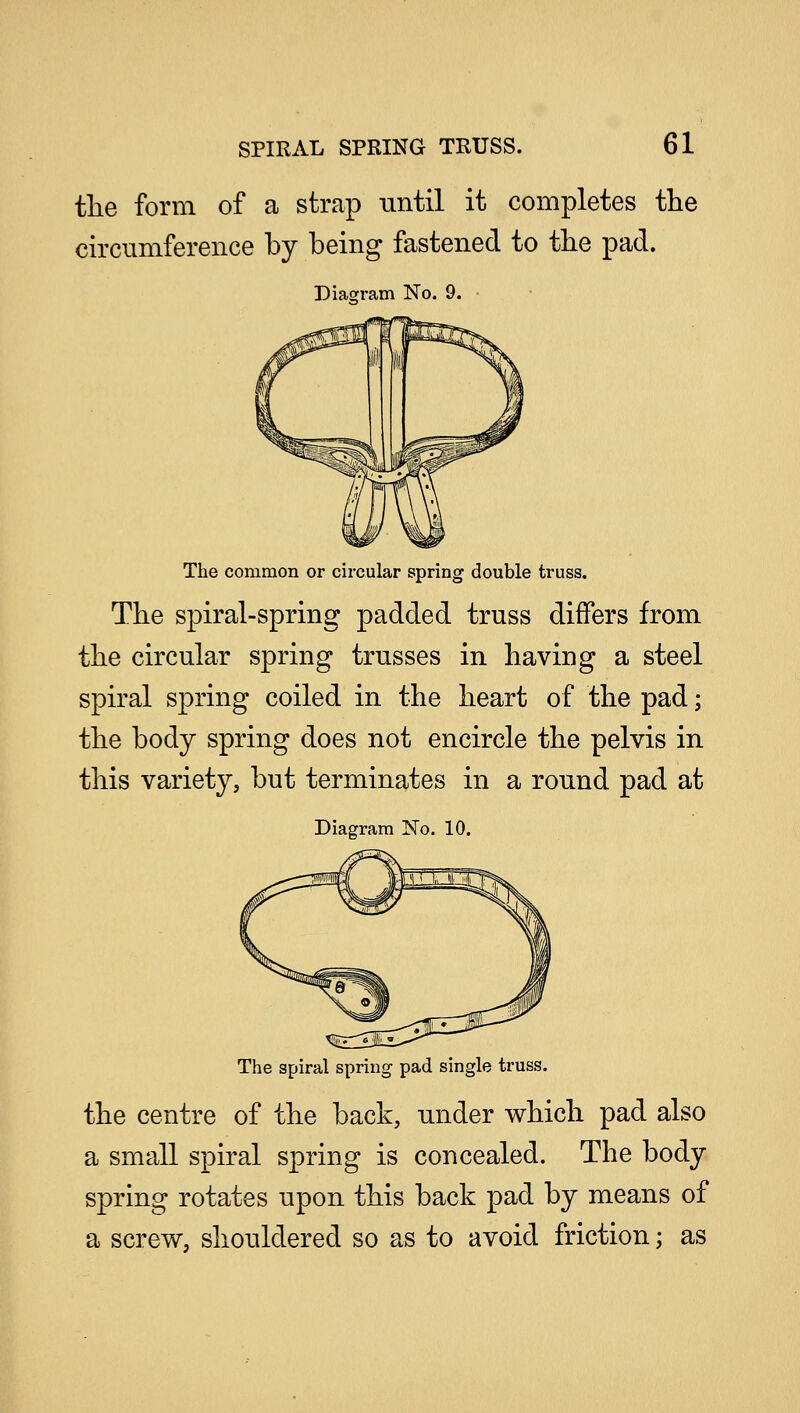 the form of a strap until it completes the circumference by being fastened to the pad. Diagram No. 9. The common or circular spring double truss. The spiral-spring padded truss differs from the circular spring trusses in having a steel spiral spring coiled in the heart of the pad; the body spring does not encircle the pelvis in this variety, but terminates in a round pad at Diagram No. 10. The spiral spring pad single truss. the centre of the back, under which pad also a small spiral spring is concealed. The body spring rotates upon this back pad by means of a screw, shouldered so as to avoid friction; as