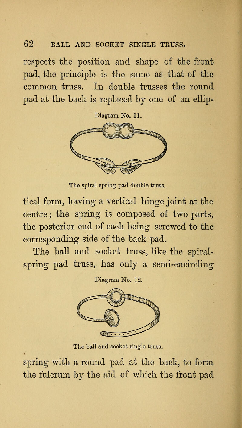 respects the position and shape of the front pad, the principle is the same as that of the common truss. In double trusses the round pad at the back is replaced by one of an ellip- Diagram No. 11. The spiral spring pad double truss. tical form, having a vertical hinge joint at the centre; the spring is composed of two parts, the posterior end of each being screwed to the corresponding side of the back pad. The ball and socket truss, like the spiral- spring pad truss, has only a semi-en circling Diagram No. 12. The ball and socket single truss. spring with a round pad at the back, to form the fulcrum by the aid of which the front pad