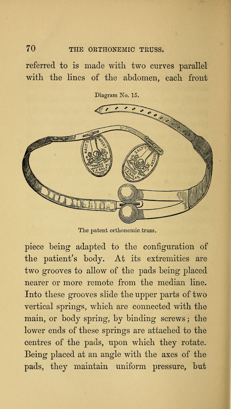 referred to is made with two curves parallel with the lines of the abdomen, each front Diagram No. 15. The patent orthonemic.truss. piece being adapted to the configuration of the patient's body. At its extremities are two grooves to allow of the pads being placed nearer or more remote from the median line. Into these grooves slide the upper parts of two vertical springs, which are connected with the main, or body spring, by binding screws; the lower ends of these springs are attached to the centres of the pads, upon which they rotate. Being placed at an angle with the axes of the pads, they maintain uniform pressure, but