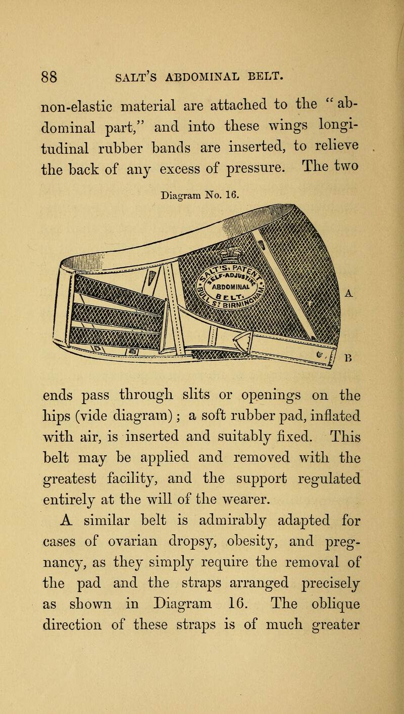 non-elastic material are attached to the  ab- dominal part, and into these wings longi- tudinal rubber bands are inserted, to relieve the back of any excess of pressure. The two Diagram No. 16. ends pass through slits or openings on the hips (vide diagram); a soft rubber pad, inflated with air, is inserted and suitably fixed. This belt may be applied and removed with the greatest facility, and the support regulated entirely at the will of the wearer. A similar belt is admirably adapted for cases of ovarian dropsy, obesity, and preg- nancy, as they simply require the removal of the pad and the straps arranged precisely as shown in Diagram 16. The oblique direction of these straps is of much greater