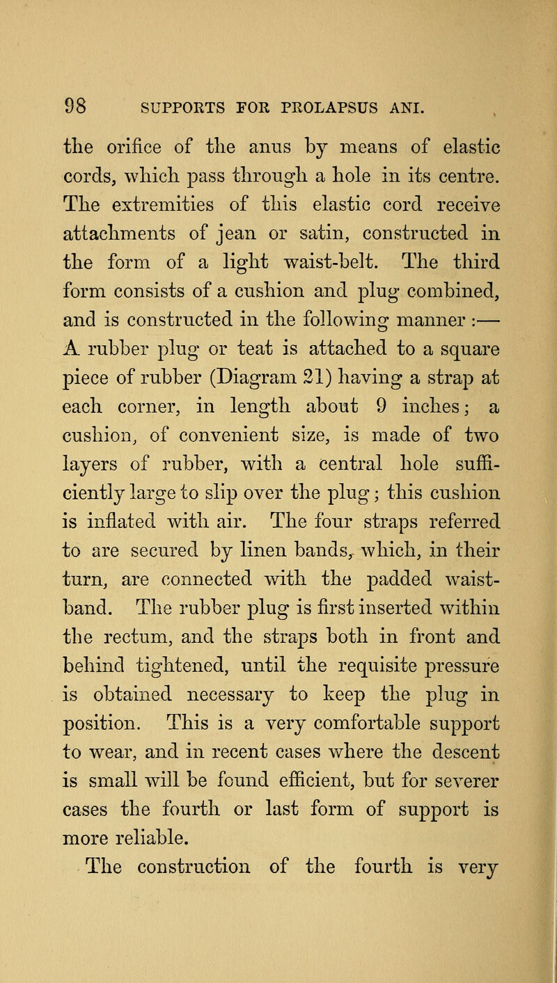 the orifice of tlie anus by means of elastic cords, which pass through a hole in its centre. The extremities of this elastic cord receive attachments of jean or satin, constructed in the form of a light waist-belt. The third form consists of a cushion and plug combined, and is constructed in the following manner :— A rubber plug or teat is attached to a square piece of rubber (Diagram 21) having a strap at each corner, in length about 9 inches; a cushion, of convenient size, is made of two layers of rubber, with a central hole suffi- ciently large to slip over the plug; this cushion is inflated with air. The four straps referred to are secured by linen bands, which, in their turn, are connected with the padded waist- band. The rubber plug is first inserted within the rectum, and the straps both in front and behind tightened, until the requisite pressure is obtained necessary to keep the plug in position. This is a very comfortable support to wear, and in recent cases where the descent is small will be found efficient, but for severer cases the fourth or last form of support is more reliable. The construction of the fourth is very