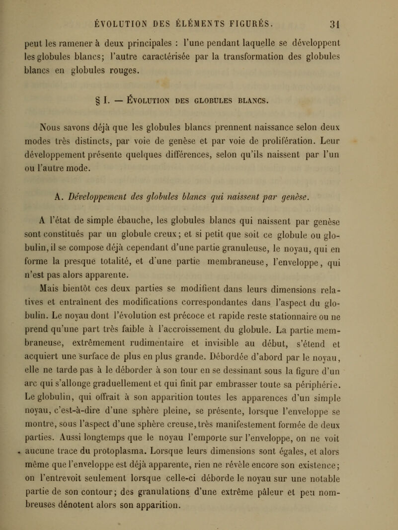 peut les ramener à deux principales : l'une pendant laquelle se développent les globules blancs; l'autre caractérisée parla transformation des globules blancs en globules rouges. § I. — Évolution des globules blancs. Nous savons déjà que les globules blancs prennent naissance selon deux modes très distincts, par voie de genèse et par voie de prolifération. Leur développement présente quelques différences, selon qu'ils naissent par l'un ou l'autre mode. A. Développement des globules blancs qui naissent par genèse. A l'état de simple ébauche, les globules blancs qui naissent par genèse sont constitués par un globule creux ; et si petit que soit ce globule ou o^lo- bulin,il se compose déjà cependant d'une partie granuleuse, le noyau, qui en forme la presque totalité, et d'une partie membraneuse, l'enveloppe, qui n'est pas alors apparente. Mais bientôt ces deux parties se modifient dans leurs dimensions rela- tives et entraînent des modifications correspondantes dans l'aspect du i^lo- bulin. Le noyau dont l'évolution est précoce et rapide reste stationnaire ou ne prend qu'une part très faible à l'accroissement du globule. La partie mem- braneuse, extrêmement rudimentaire et invisible au début, s'étend et acquiert une surface de plus en plus grande. Débordée d'abord par le noyau, elle ne tarde pas à le déborder à son tour en se dessinant sous la figure d'un arc qui s'allonge graduellement et qui finit par embrasser toute sa périphérie. Leglobulin, qui offrait à son apparition toutes les apparences d'un simple noyau, c'est-à-dire d'une sphère pleine, se présente, lorsque l'enveloppe se montre, sous l'aspect d'une sphère creuse, très manifestement formée de deux parties. Aussi longtemps que le noyau l'emporte sur l'enveloppe, on ne voit aucune trace du protoplasma. Lorsque leurs dimensions sont égales, et alors même que l'enveloppe est déjà apparente, rien ne révèle encore son existence; on l'entrevoit seulement lorsque celle-ci déborde le noyau sur une notable partie de son contour; des granulations d'une extrême pâleur et peu nom- breuses dénotent alors son apparition.