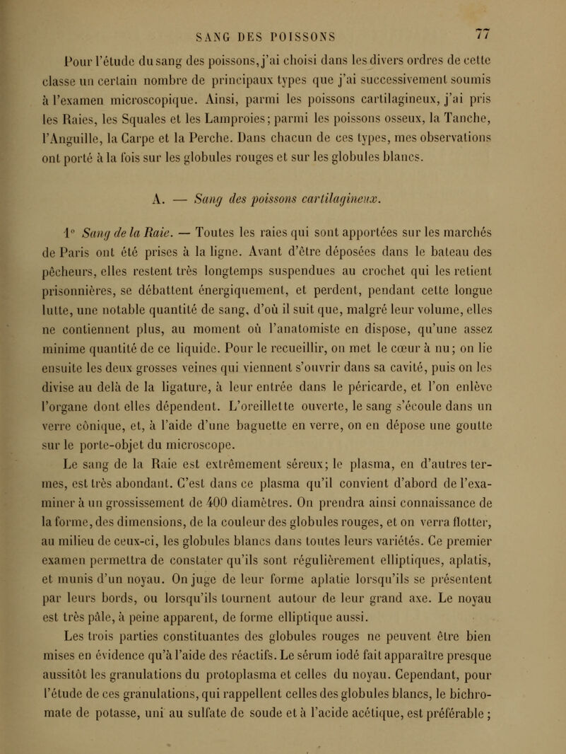 Pour l'étude du sang des poissons, j'ai choisi dans les divers ordres de cette classe un certain nombre de principaux types que j'ai succcssivennent soumis à l'examen microscopique. Ainsi, parmi les poissons cartilagineux, j'ai pris les Raies, les Squales et les Lamproies; parmi les poissons osseux, la Tanche, l'Anguille, la Carpe et la Perche. Dans chacun de ces types, mes observations ont porté à la lois sur les globules rouges et sur les globules blancs. A. — Sang des poissons cartilagineux. 1 Sang de la Raie. — Toutes les raies qui sont apportées sur les marchés de Paris ont été prises à la Hgne. Avant d'être déposées dans le bateau des pécheurs, elles restent très longtemps suspendues au crochet qui les retient prisonnières, se débattent énergiquement, et perdent, pendant cette longue lutte, une notable quantité de sang, d'où il suit que, malgré leur volume, elles ne contiennent plus, au moment où l'anatomiste en dispose, qu'une assez minime quantité de ce liquide. Pour le recueillir, on met le cœur à nu; on lie ensuite les deux grosses veines qui viennent s'ouvrir dans sa cavité, puis on les divise au delà de la ligature, à leur entrée dans le péricarde, et l'on enlève l'organe dont elles dépendent. L'oreillette ouverte, le sang s'écoule dans un verre conique, et, à l'aide d'une baguette en verre, on en dépose une goutte sur le porte-objet du microscope. Le sang de la Raie est extrêmement séreux; le plasma, en d'autres ter- mes, est très abondant. C'est dans ce plasma qu'il convient d'abord de l'exa- miner à un grossissement de 400 diamètres. On prendra ainsi connaissance de la forme, des dimensions, de la couleur des globules rouges, et on verra flotter, au milieu de ceux-ci, les globules blancs dans toutes leurs variétés. Ce premier examen permettra de constater qu'ils sont régulièrement elliptiques, aplatis, et munis d'un noyau. On juge de leur forme aplatie lorsqu'ils se présentent par leurs bords, ou lorsqu'ils tournent autour de leur grand axe. Le noyau est très pâle, à peine apparent, de forme elliptique aussi. Les trois parties constituantes des globules rouges ne peuvent être bien mises en évidence qu'à l'aide des réactifs. Le sérum iodé fait apparaître presque aussitôt les granulations du protoplasma et celles du noyau. Cependant, pour l'étude de ces granulations, qui rappellent celles des globules blancs, le bichro- mate de potasse, uni au sulfate de soude et à l'acide acétique, est préférable ;