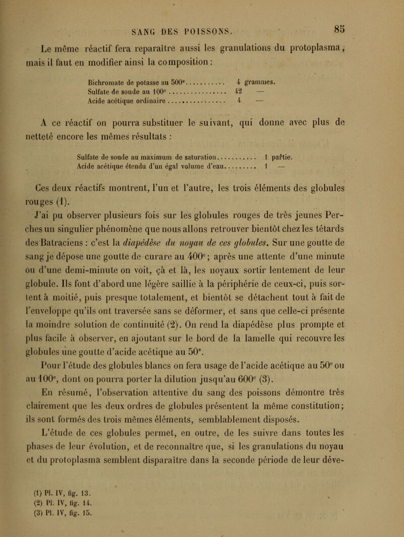 Le même réactif fera reparaître aussi les granulations du protoplasma, mais il faut en modifier ainsi la composition : Bichromate de potasse au 500« 4 grammes. Sulfate de soude au 100*^ 'i2 — Acide acétique ordinaire 4. — A ce réactif on pourra substituer le suivant, qui donne avec plus de netteté encore les mêmes résultats : Sulfate de soude au maximum de saturation 1 partie. Acide acétique étendu d'un égal volume d'eau 1 — Ces deux réactifs montrent, l'un et l'autre, les trois éléments des globules rouges (1). J'ai pu obseiTcr plusieurs fois sur les globules rouges de ti^ès jeunes Per- ches un singulier phénomène que nous allons retrouver bientôt chez les têtards des Batraciens : c'est la diapédèse du noyau de ces globules. Sur une goutte de sang je dépose une goutte de curare au 400^; après une attente d'une minute ou d'une demi-minute on voit, çà et là, les noyaux sortir lentement de leur globule. Ils font d'abord une légère saillie h la périphérie de ceux-ci, puis sor- tent à moitié, puis pi^esque totalement, et bientôt se détachent tout à fait de l'enveloppe qu'ils ont traversée sans se déformer, et sans que celle-ci présente la moindre solution de continuité (2). On rend la diapédèse plus prompte et plus facile à observer, en ajoutant sur le bord de la lamelle qui recouvre les globules une goutte d'acide acétique au 50. Pour l'étude des globules blancs on fera usage de l'acide acétique au 50° ou au 100% dont on pouiTa porter la dilution jusqu'au 600° (3). En résumé, l'observation attentive du sang des poissons démontre très clairement que les deux ordres de globules présentent la même constitution; ils sont formés des trois mêmes éléments, semblablement disposés. L'étude de ces globules permet, en outre, de les suivre dans toutes les phases de leur évolution, et de reconnaître que, si les granulations du noyau et du protoplasma semblent disparaître dans la seconde péiûode de leur déve- (1) PI. IV, fig. 13. (2) PI. IV, fig. u.