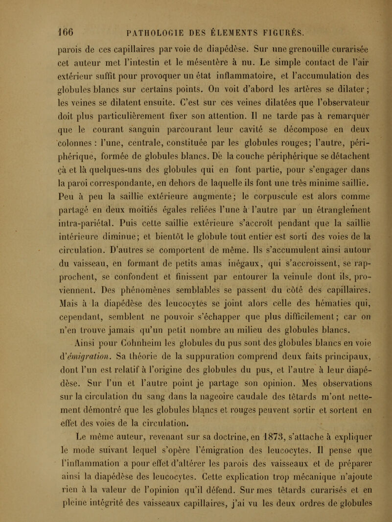 parois de ces capillaires par voie de diapédèse. Sur une grenouille curarisée cet auteur met l'intestin et le mésentère à nu. Le simple contact de Tair extérieur suffit pour provoquer un état inflammatoire, et l'accumulation des globules blancs sur certains points. On voit d'abord les artères se dilater ; les veines se dilatent ensuite. C'est sur ces veines dilatées que l'observateur doit plus particulièrement fixer son attention. Il ne tarde pas à remarquer que le courant sanguin parcourant leur cavité se décompose en deux colonnes : l'une, centrale, constituée par les globules rouges; l'autre, péri- phérique, formée de globules blancs. De la couche périphérique se détachent çà et là quelques-uns des globules qui en font partie, pour s'engager dans la paroi correspondante, en dehors de laquelle ils font une très minime saillie. Peu à peu la saillie extérieure augmente; le corpuscule est alors comme partagé en deux moitiés égales reliées l'une à l'autre par un étranglement intra-pariétal. Puis cette saillie extérieure s'accroît pendant que la saillie intérieure diminue; et bientôt le globule tout entier est sorti des voies de la circulation. D'autres se comportent de même. Ils s'accumulent ainsi autour du vaisseau, en formant de petits amas inégaux, qui s'accroissent, se rap- prochent, se confondent et finissent par entourer la veinule dont ils. pro- viennent. Des phénomènes semblables se passent du côté des capillaires. Mais à la diapédèse des leucocytes se joint alors celle des hématies qui, cependant, semblent ne pouvoir s'échapper que plus difficilement; car on n'en trouve jamais qu'un petit nombre au milieu des globules blancs. Ainsi pour Cohnheim les globules du pus sont des globules blancs en voie à'émigration. Sa théorie de la suppuration comprend deux faits principaux, dont l'un est relatif à l'origine des globules du pus, et l'autre à leur diapé- dèse. Sur l'un et l'autre point je partage son opinion. Mes observations sur la circulation du sang dans la nageoire caudale des têtards m'ont nette- ment démontré que les globules blancs et rouges peuvent sortir et sortent en ^ffet des voies de la circulation. Le même auteur, revenant sur sa doctrine, en 1873, s'attache à expliquer le mode suivant lequel s'opère l'émigration des leucocytes. Il pense que l'inflammation a pour efl^et d'altérer les parois des vaisseaux et de préparer ainsi la diapédèse des leucocytes. Cette explication trop mécanique n'ajoute rien à la valeur de l'opinion qu'il défend. Surines têtards curarisés et en pleine intégrité des vaisseaux capillaires, j'ai vu les deux ordres de globules