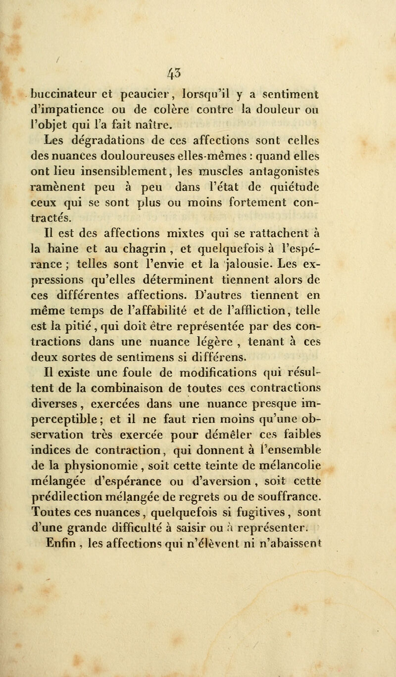 buccinateur et peaucier, lorsqu'il y a sentiment d'impatience ou de colère contre la douleur ou l'objet qui l'a fait naître. Les dégradations de ces affections sont celles des nuances douloureuses elles-mêmes : quand elles ont lieu insensiblement, les muscles antagonistes ramènent peu à peu dans l'état de quiétude ceux qui se sont plus ou moins fortement con- tractés. Il est des affections mixtes qui se rattachent à la haine et au chagrin , et quelquefois à l'espé- rance ; telles sont l'envie et la jalousie. Les ex- pressions qu'elles déterminent tiennent alors de ces différentes affections. D'autres tiennent en même temps de l'affabilité et de l'affliction, telle est la pitié, qui doit être représentée par des con- tractions dans une nuance légère , tenant à ces deux sortes de sentimens si différens. Il existe une foule de modifications qui résul- tent de la combinaison de toutes ces contractions diverses, exercées dans une nuance presque im- perceptible ; et il ne faut rien moins qu'une ob- servation très exercée pour démêler ces faibles indices de contraction, qui donnent à l'ensemble de la physionomie , soit cette teinte de mélancolie mélangée d'espérance ou d'aversion , soit cette prédilection mélangée de regrets ou de souffrance. Toutes ces nuances, quelquefois si fugitives , sont d'une grande difficulté à saisir ou à représenter. Enfin , les affections qui n'élèvent ni n'abaissent