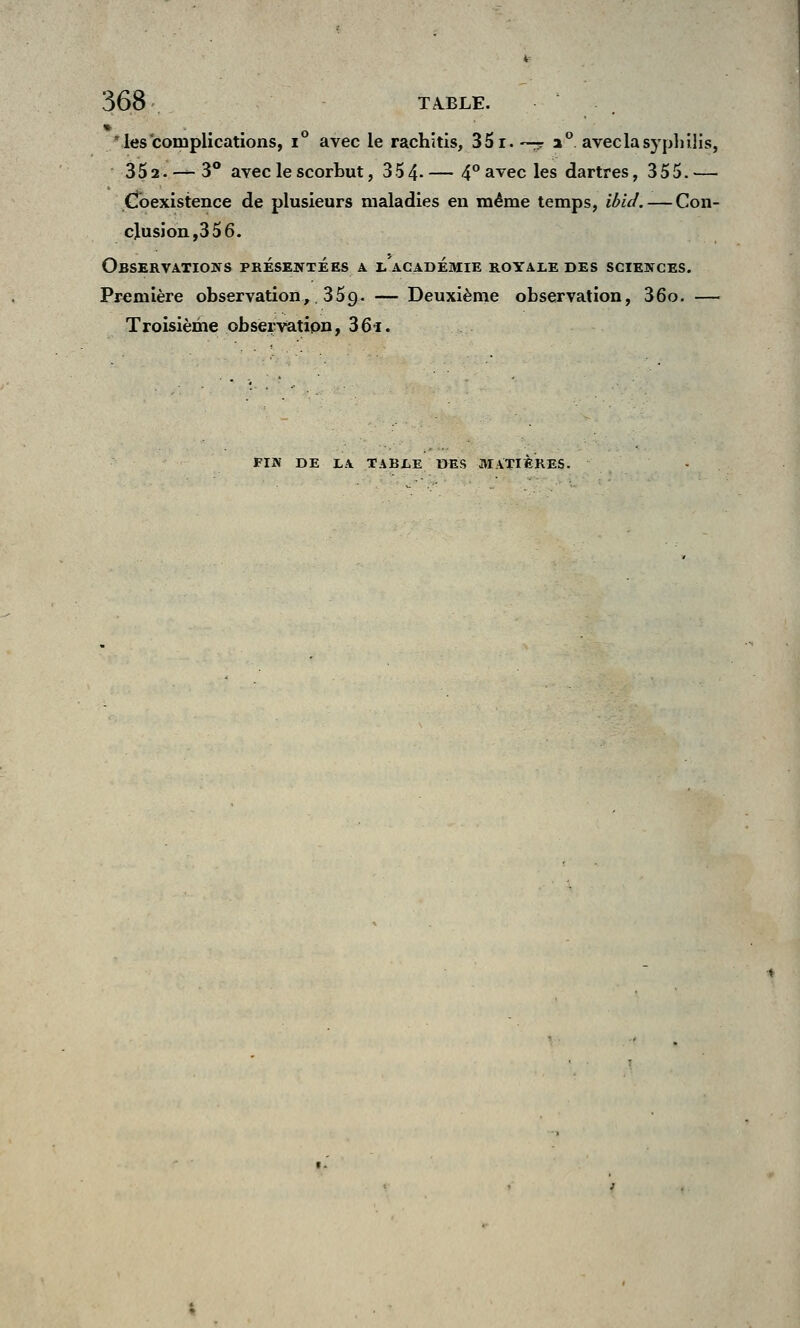 les complications, i° avec le rachitis, 35 r. ~— a ° avec la syphilis, 352.-— 3° avec le scorbut, 354-— 4° avec les dartres, 355.— Coexistence de plusieurs maladies en même temps, ibid. — Con- clusion,3 5 6. Observations présentées a l académie royale des sciences. Première observation,. 35g. — Deuxième observation, 36o. — Troisième observation, 36i. FIN DE LA TABLE DES MATIERES.