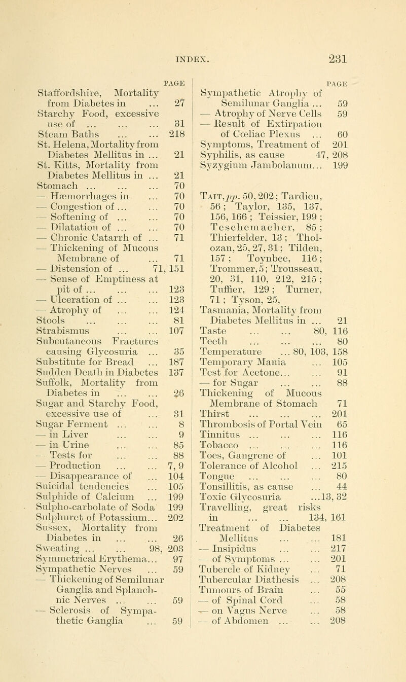 Staffordshire, Mortality from Diabetes in Starchy Food, excessive use of Steam Baths St. Helena, Mortahtyfrom Diabetes Mellitus in ... St. Kitts, Mortality from Diabetes Mellitus in ... Stomach ... — Haemorrhages in — Congestion of ... — Softening of ... — Dilatation of ... — Chronic Catarrh of ... — Thickening of Mucous Membrane of — Distension of ... 71, — Sense of Emptiness at pit of ... — Ulceration of ... — Atrophy of Stools Strabismus Subcutaneous Fractures causing Glycosuria ... Substitute for Bread Sudden Death in Diabetes Suffolk, Mortality from Diabetes in Sugar and Starchy Food, excessive use of Sugar Ferment — in Liver — in Urine — Tests for — Production — Disappearance of Suicidal tendencies Sulphide of Calcium Sulpho-carbolate of Soda Sulphuret of Potassium... Sussex, Mortality from Diabetes in Sweating ... ... 98, Symmetrical Erythema... Sympathetic Nerves — Thickening of Semilunar Ganglia and Splanch- nic Nerves ... — Sclerosis of Sympa- thetic Ganglia PAGE 27 31 218 21 21 70 70 70 70 70 71 71 151 123 123 124 81 107 35 187 137 26 31 8 9 85 88 7,9 104 105 199 199 202 26 203 97 59 59 59 PAGE Sympathetic Atrop»hy of Semilunar Ganglia ... 59 — Atrophy of Nerve Cells 59 — Result of Extirpation of Cceliac Plexus ... 60 Symptoms, Treatment of 201 Syphilis, as cause 47, 208 Sj^zygium Jambolanum... 199 Tait,^>7>. 50,202; Tardieu, 56; Taylor, 135, 137, 156, 166 ; Teissier, 199 ; Teschemacher, 85; Thierfelder, 13; Thol- ozan, 25, 27, 31; Tilden, 157 ; Toynbee, 116; Trommer, 5; Trousseau, 20, 31, 110, 212, 215 ; Tu£aer, 129; Turner, 71; Tyson, 25, Tasmania, Mortality from Diabetes Mellitus in ... Taste 80, Teeth 21 116 80 Temperature ... 80, 103, 158 Temporary Mania ... 105 Test for Acetone... ... 91 — for Sugar 88 Thickening of Mucous Membrane of Stomach 71 Thirst 201 Thrombosis of Portal Vein 65 Tinnitus 116 Tobacco 116 Toes, Gangrene of ... 101 Tolerance of Alcohol ... 215 Tongue 80 Tonsillitis, as cause ... 44 Toxic Glycosuria ... 13, 32 Travelling, great risks in 134, 161 Treatment of Diabetes Mellitus 181 — Insix)idus ... ... 217 — of Symptoms ... ... 201 Tubercle of Kidney ... 71 Tubercular Diathesis ... 208 Tumours of Brain ... 55 — of Spinal Cord ... 58 — on Vagus Nerve ... 58 — of Abdomen 208