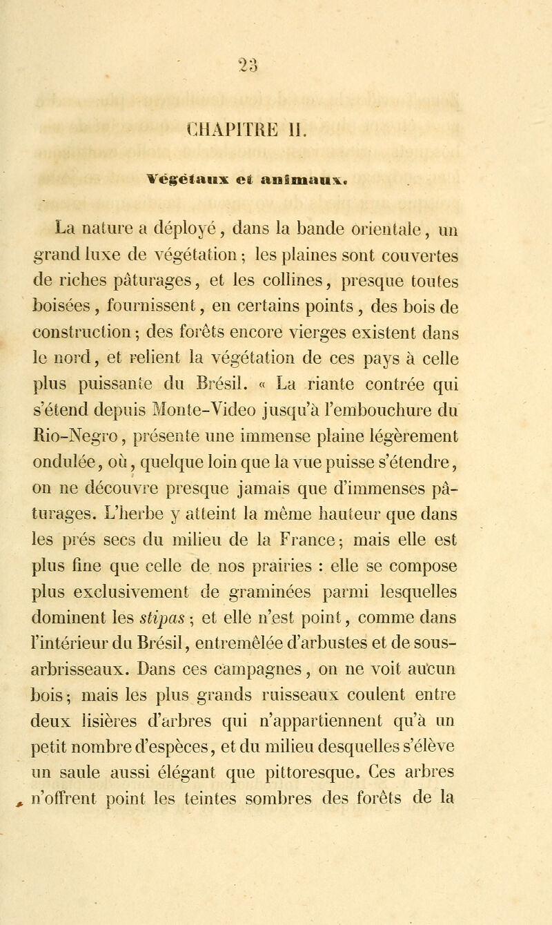 CHAPITRE H. Vég^étaiiiK et aiiliiiau:^.. La nature a déployé, dans la bande orientale, un grand luxe de végétation ; les plaines sont couvertes de riches pâturages, et les collines, presque toutes boisées, fournissent, en certains points , des bois de construction ; des forêts encore vierges existent dans le nord, et relient la végétation de ces pays à celle plus puissante du Brésil. « La riante contrée qui s'étend depuis Monte-Video jusqu'à l'embouchure du Rio-Negro, présente une immense plaine légèrement ondulée, oii, quelque loin que la vue puisse s'étendre, on ne découvre presque jamais que d'immenses pâ- turages. L'herbe y atteint la même hauteur que dans les prés secs du milieu de la France; mais elle est plus fine que celle de nos prairies : elle se compose plus exclusivement de graminées parmi lesquelles dominent les stipas ; et elle n'est point, comme dans l'intérieur du Brésil, entremêlée d'arbustes et de sous- arbrisseaux. Dans ces campagnes, on ne voit aucun bois -, mais les plus grands ruisseaux coulent entre deux lisières d'arbres qui n'appartiennent qu'à un petit nombre d'espèces, et du milieu desquelles s'élève un saule aussi élégant que pittoresque. Ces arbres , n'offrent point les teintes sombres des forêts de la